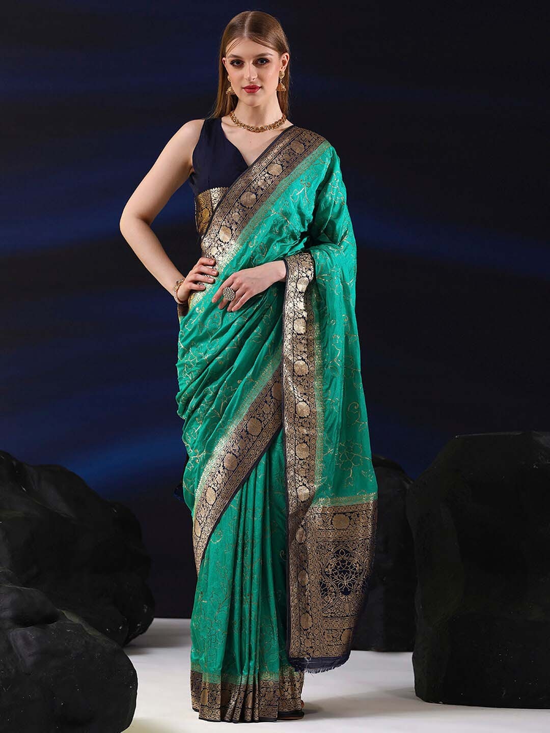 

Saree mall Ethnic Motifs Woven Design Zari Banarasi Sarees, Teal