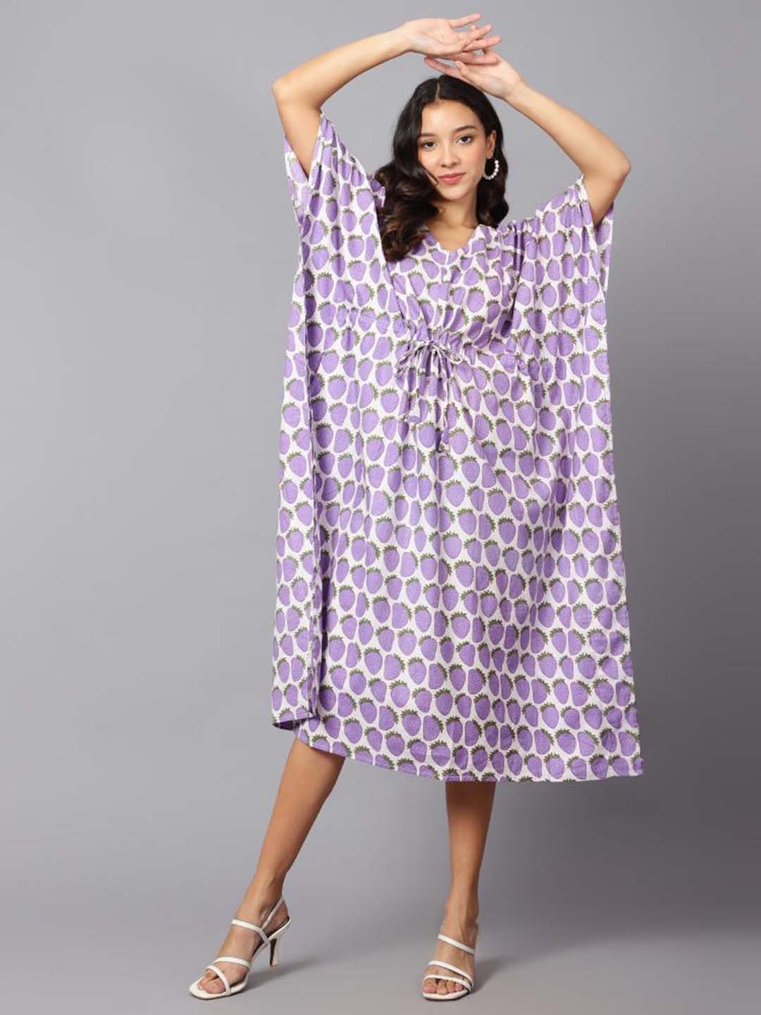 

Safeera Floral Printed Cotton V-Neck Flared Sleeve Kaftan Midi Dress, Purple