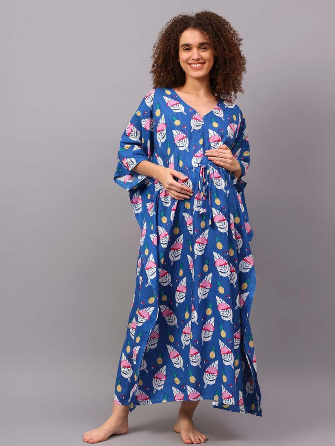 

Safeera Abstract Printed Cotton Extended Sleeves Maternity Kaftan Dress, Blue
