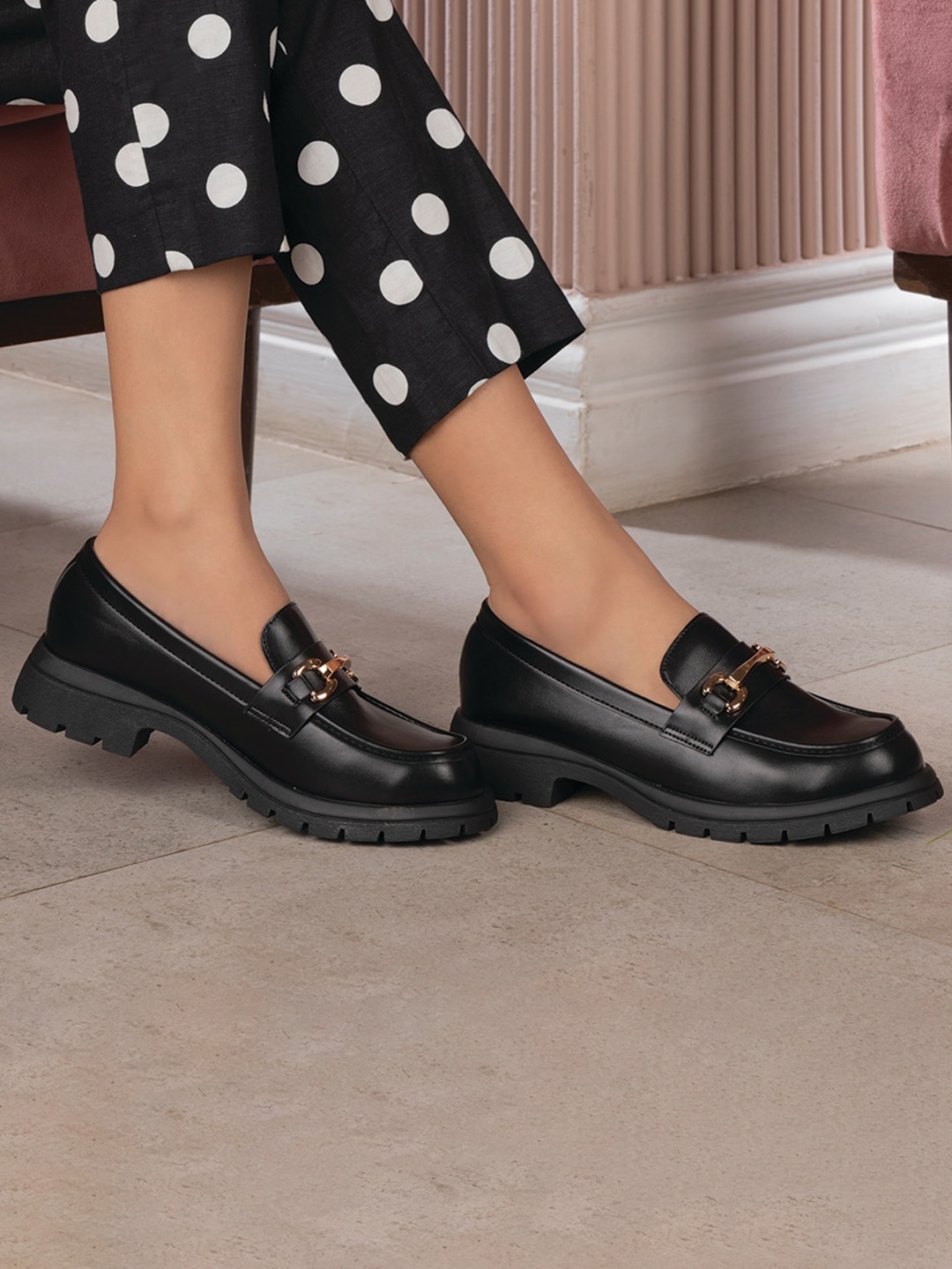 

Tresmode Square Toe Slip-On Horsebit Loafers, Black