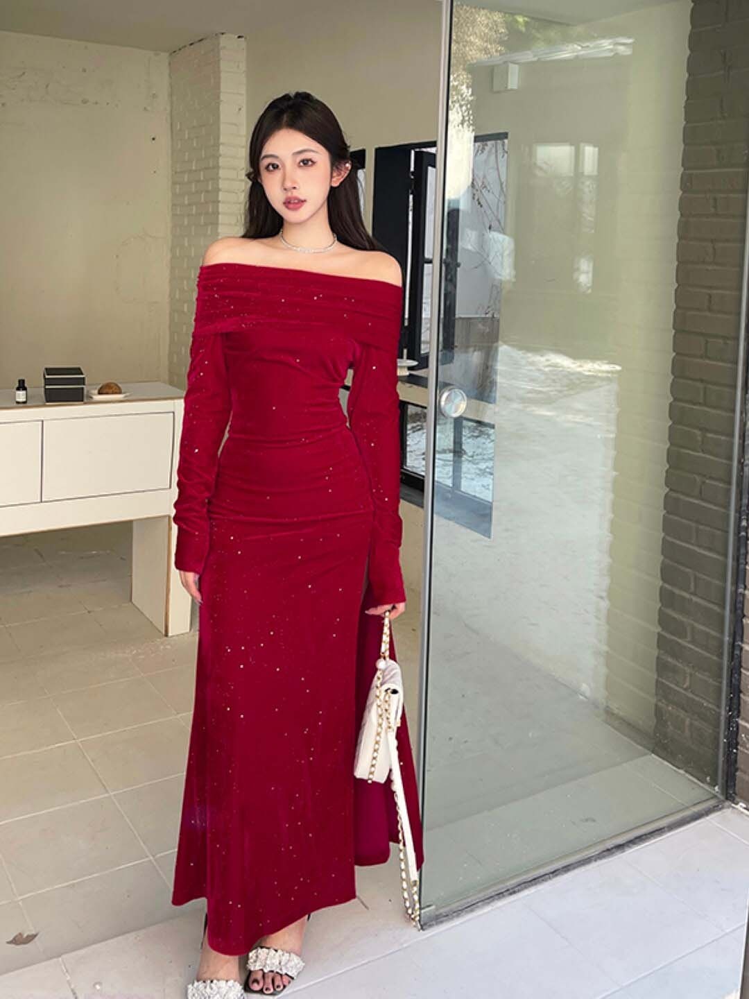 

Stylecast X KPOP Embellished Off Shoulder Maxi Dress, Burgundy