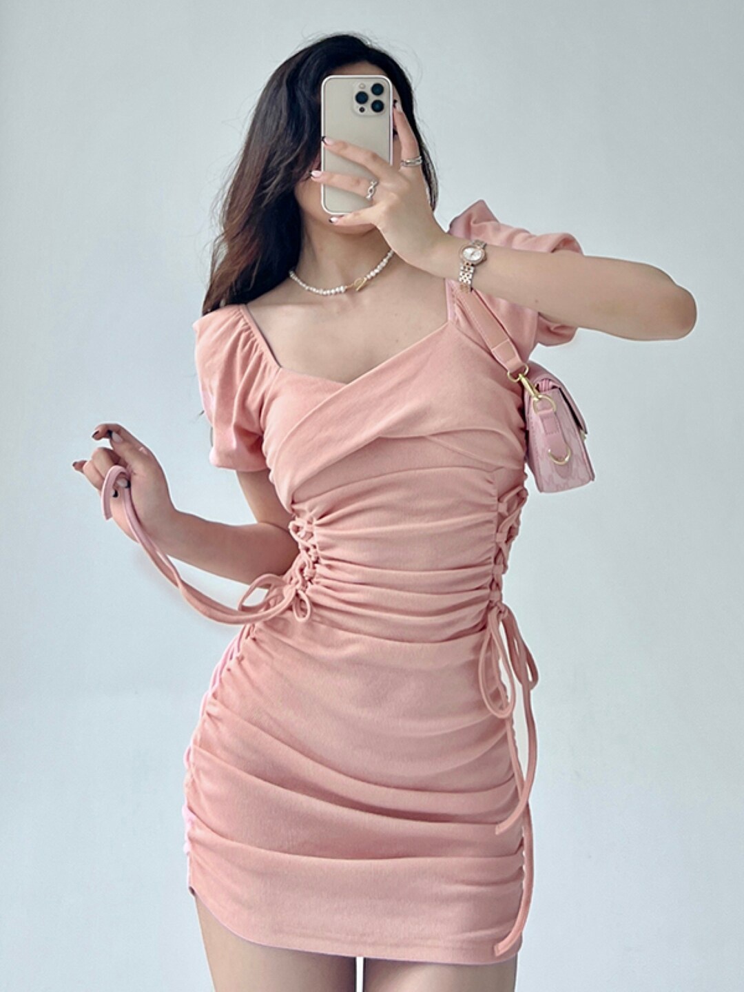 

Stylecast X KPOP Sweetheart Neck Puff Sleeves Ruched & Tie-Ups Detail Bodycon Mini Dress, Pink