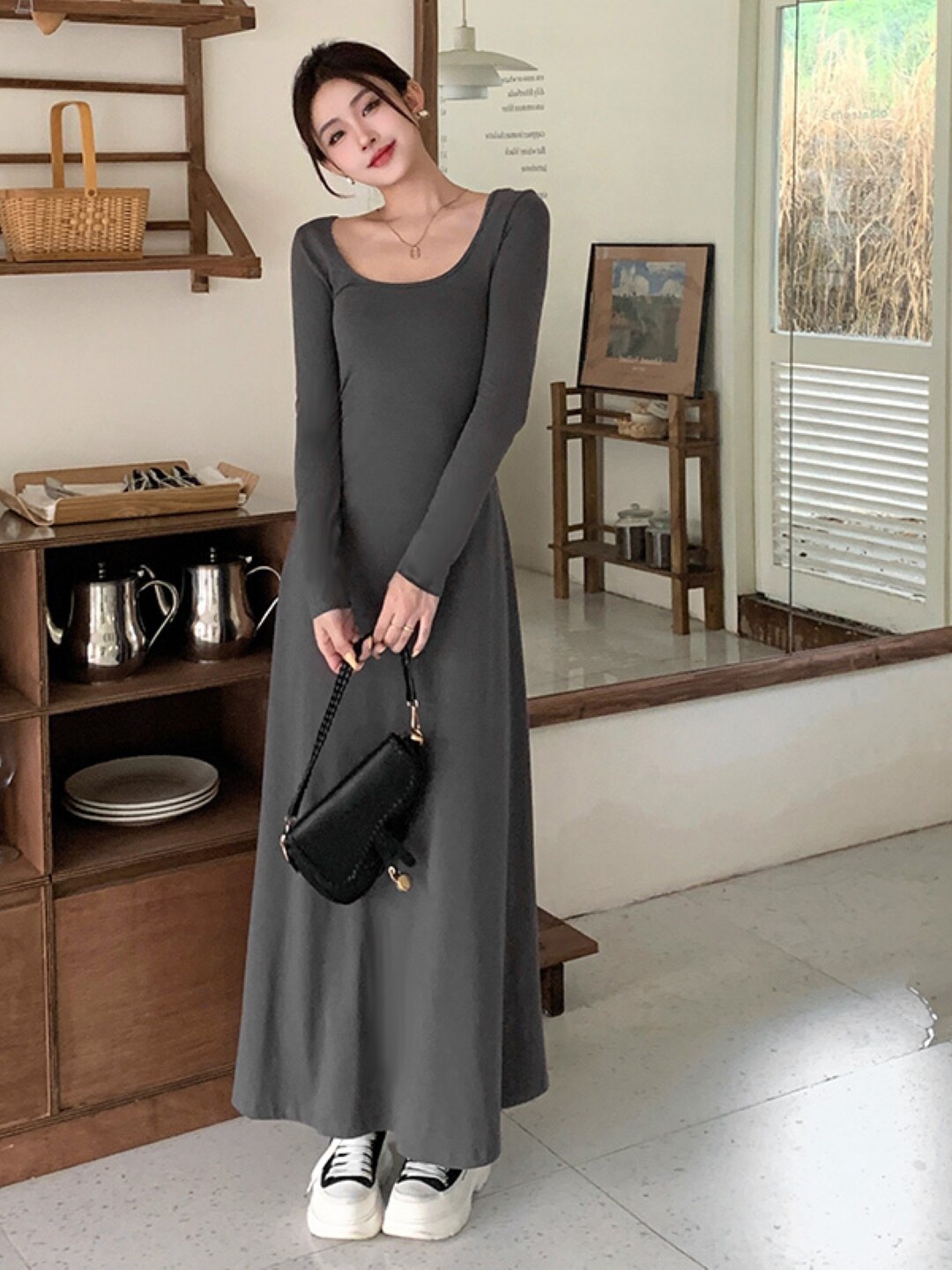 

Stylecast X KPOP Round Neck Flared Maxi Dress, Grey