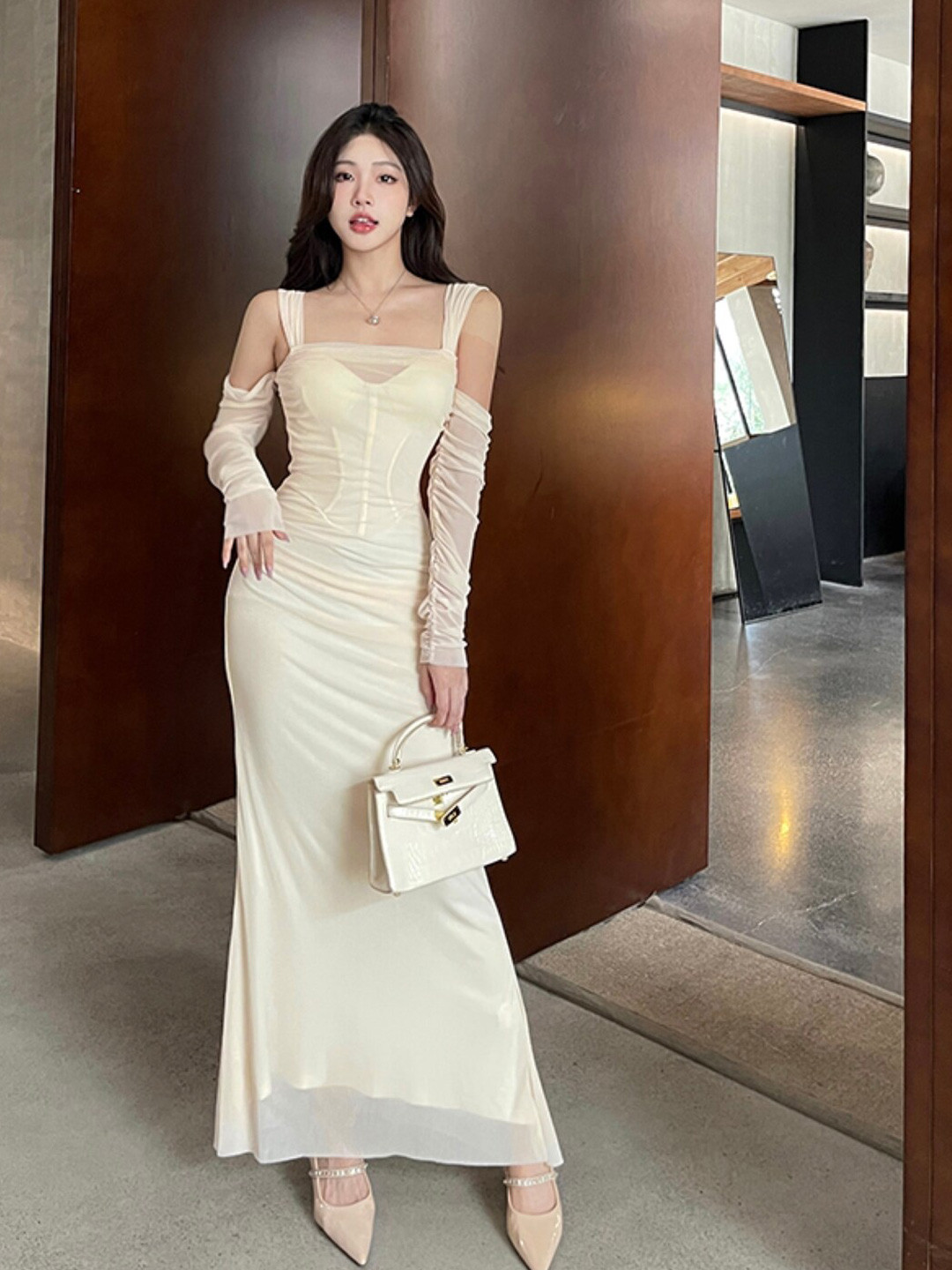 

Stylecast X KPOP Cream Cold-Shoulder Maxi Dress