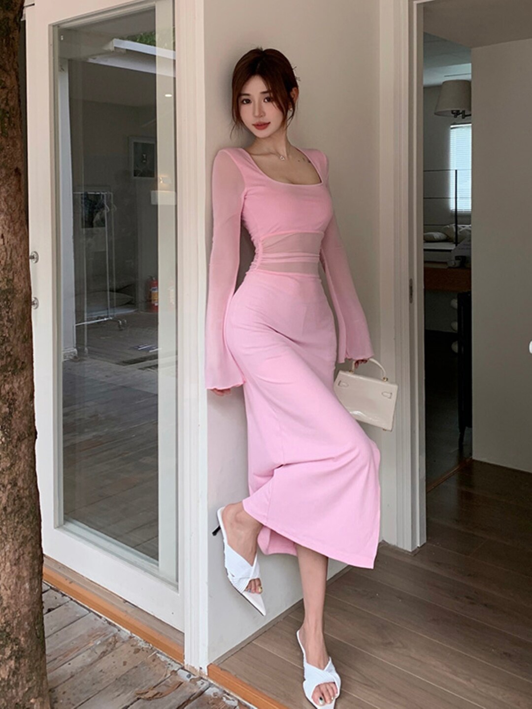 

Stylecast X KPOP Square Neck Flared A-Line Midi Dress, Pink