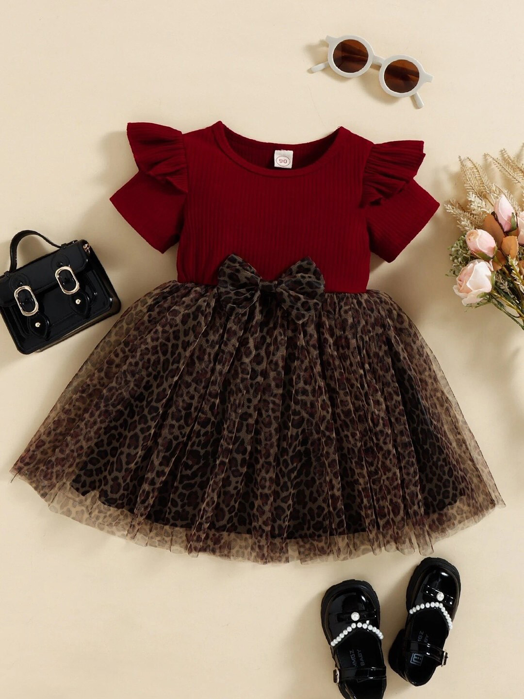 

BAESD Girls Floral Puff Sleeves Net Fit & Flare Dress, Red
