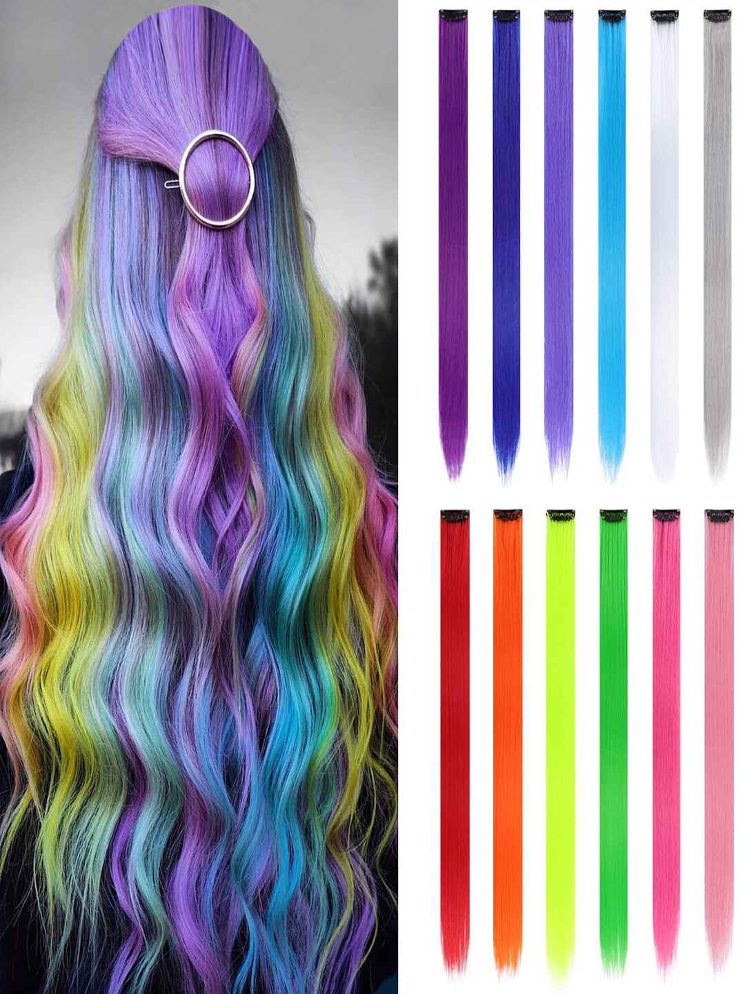 

FIMBUL 12-Pcs Clip In Colored Hair Extension, Multi