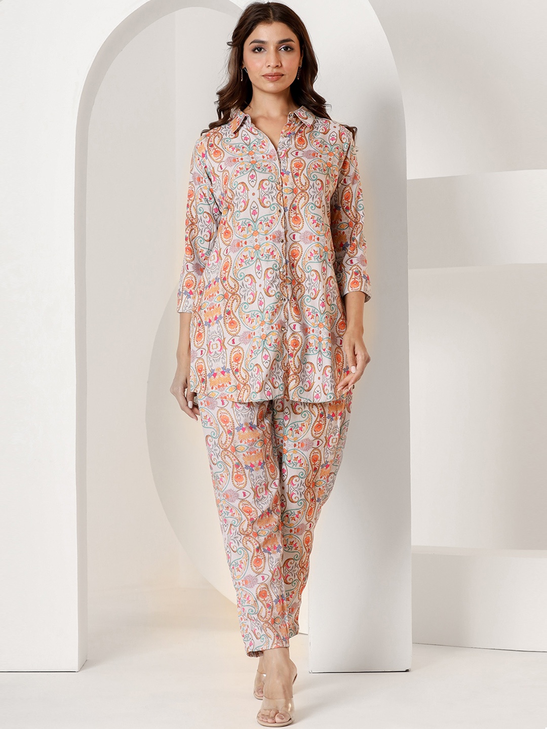 

LALI JAIPUR Printed Shirt Collar Tunic With Trousers Co-Ords, Grey