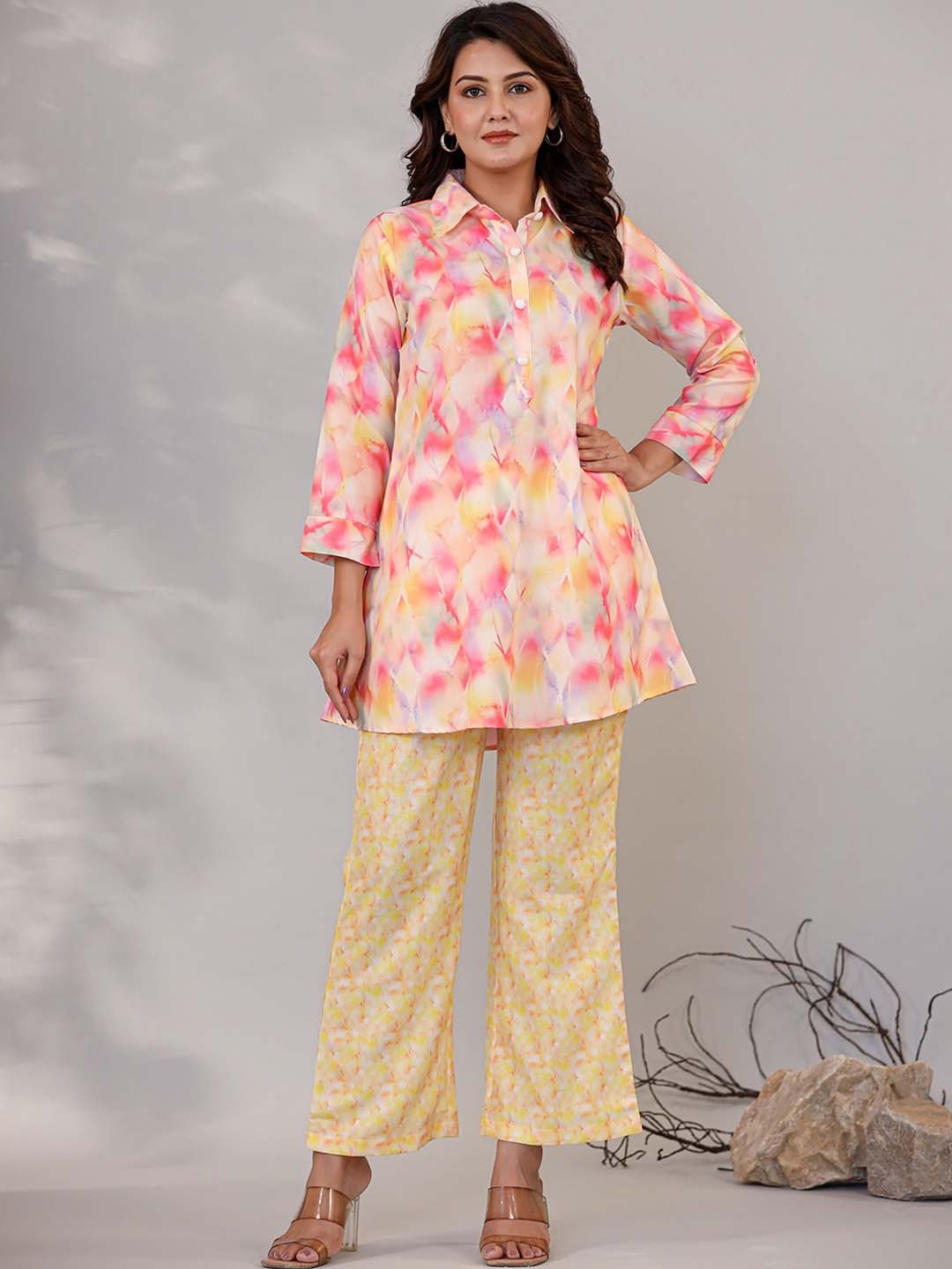 

LALI JAIPUR Printed Cotton Linen Shirt Collar Neck Top & Flared Trouser Co-Ords, Pink