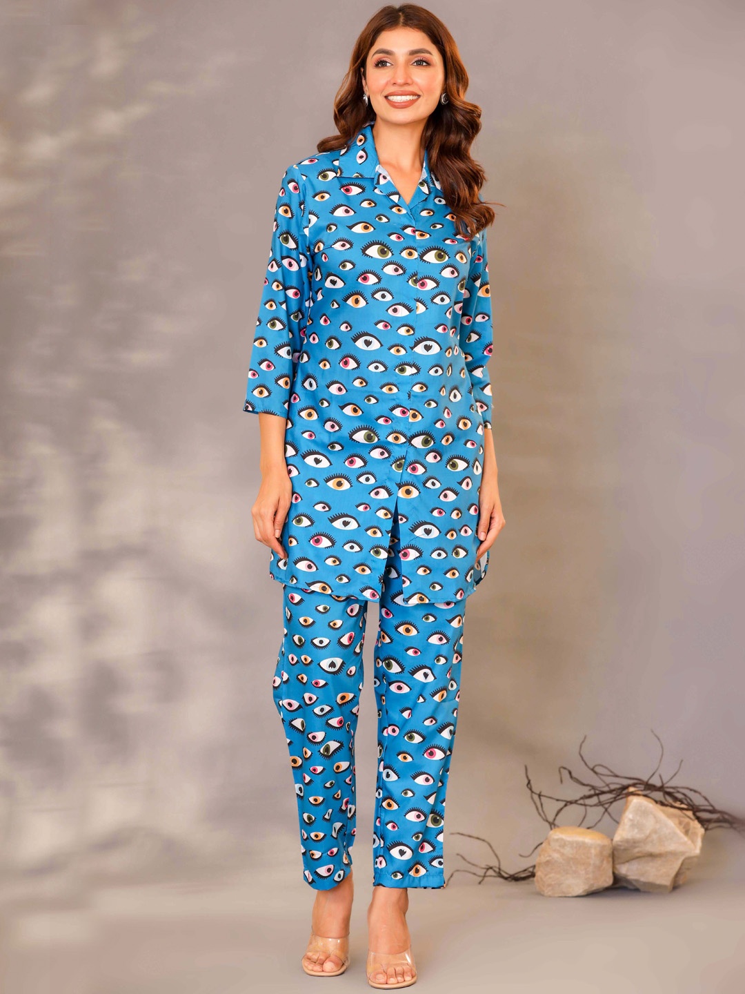 

LALI JAIPUR Printed Shirt & Trousers Co-Ords, Blue