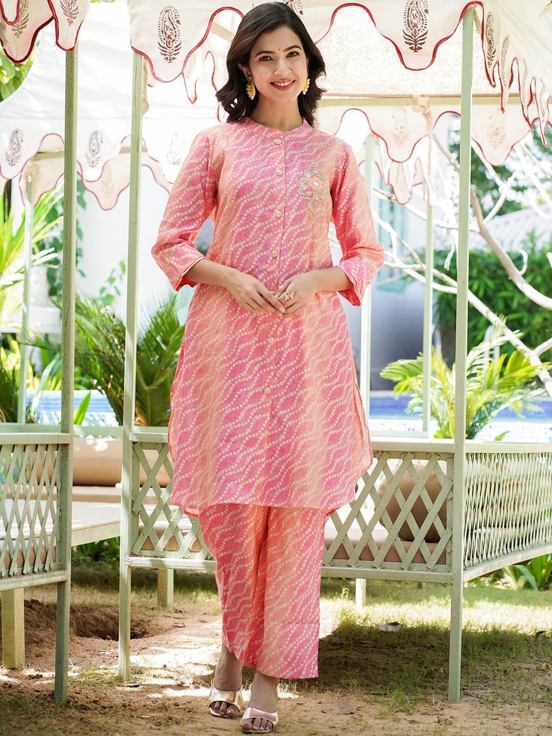 

LALI JAIPUR Printed Embroidered Detail Mandarin Collar Tunic & Trousers Co-Ords, Pink