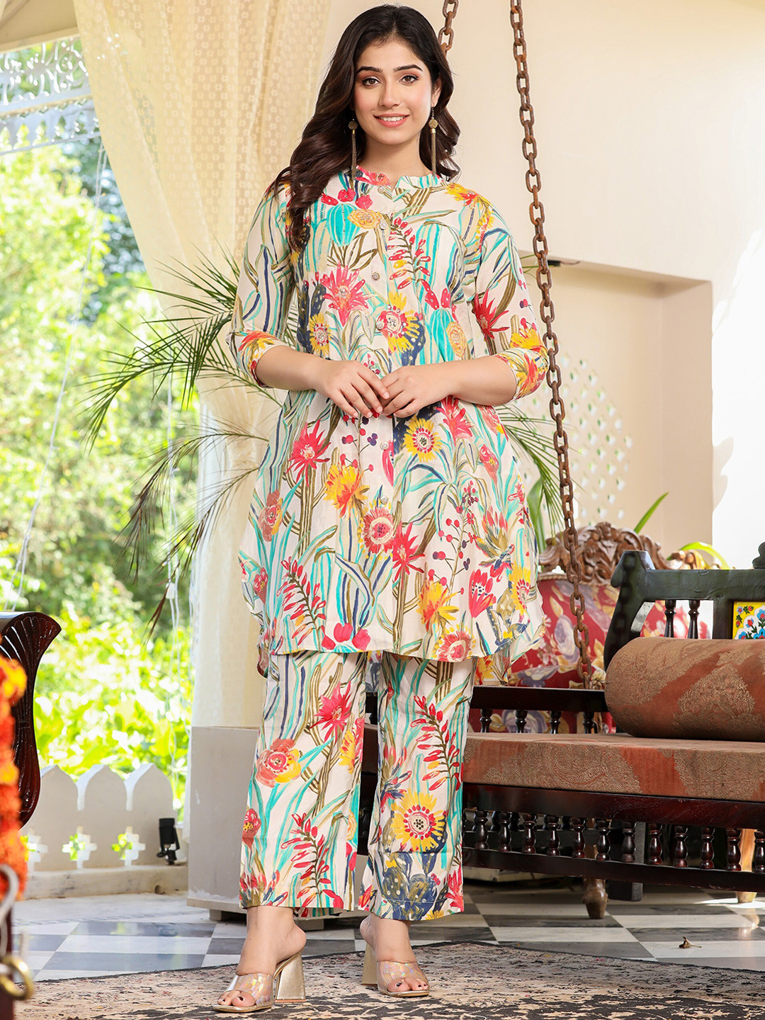 

LALI JAIPUR Printed Sequinned Mandarin Collar Tunic With Trouser Co-Ords, White
