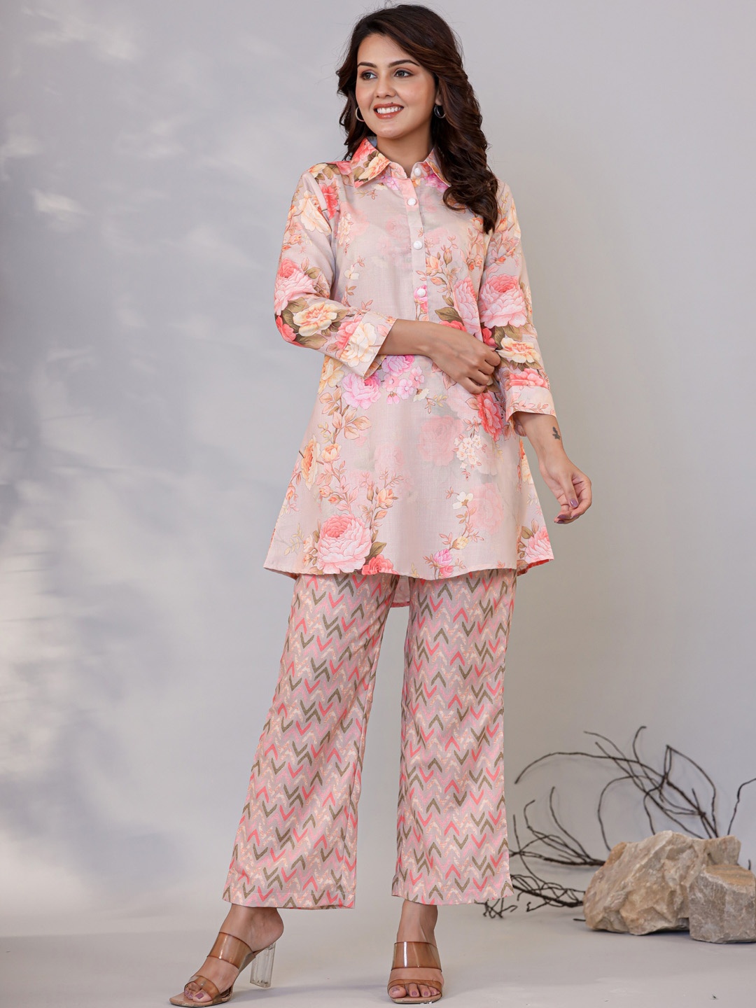 

LALI JAIPUR Printed Cotton Linen Top & Flared Trouser Co-Ords, Beige