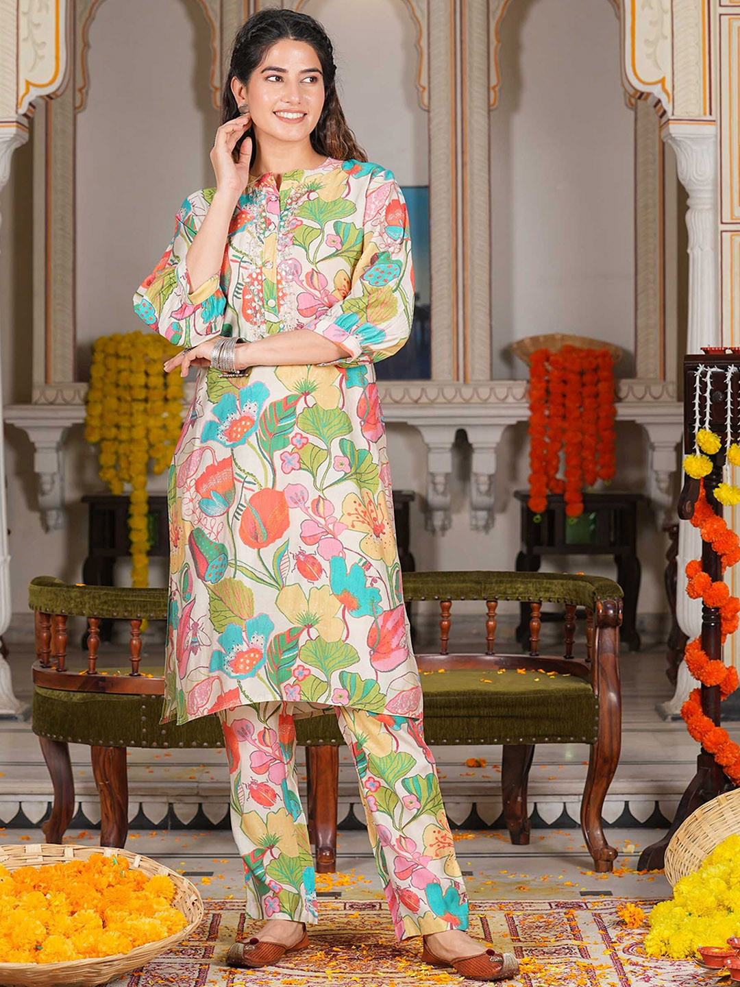 

LALI JAIPUR Printed Gotta Patti Tunic With Trousers Co-Ords, White