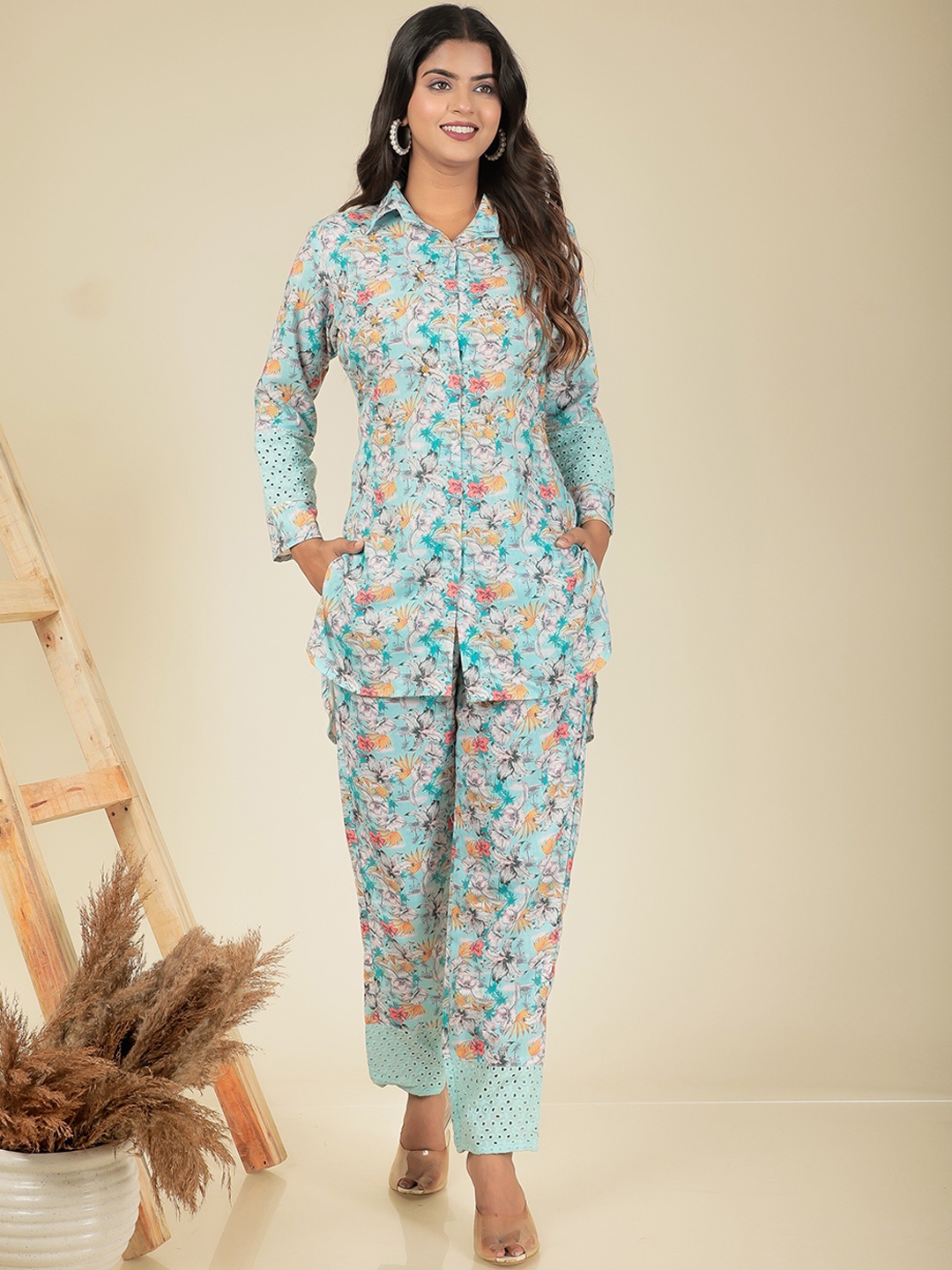 

LALI JAIPUR Printed Cotton Linen High-Low Shirt & Flared Trouser Co-Ords, Blue