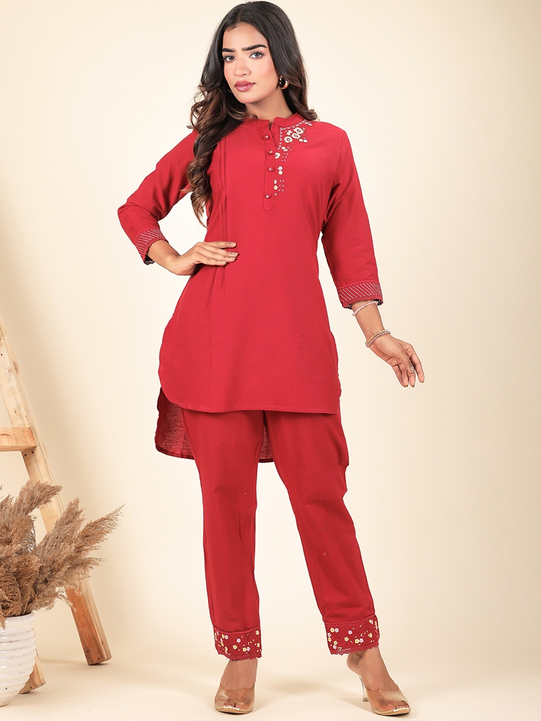 

LALI JAIPUR Embroidered Mandarin Collar High-Low Tunic With Trousers Co-Ords, Red