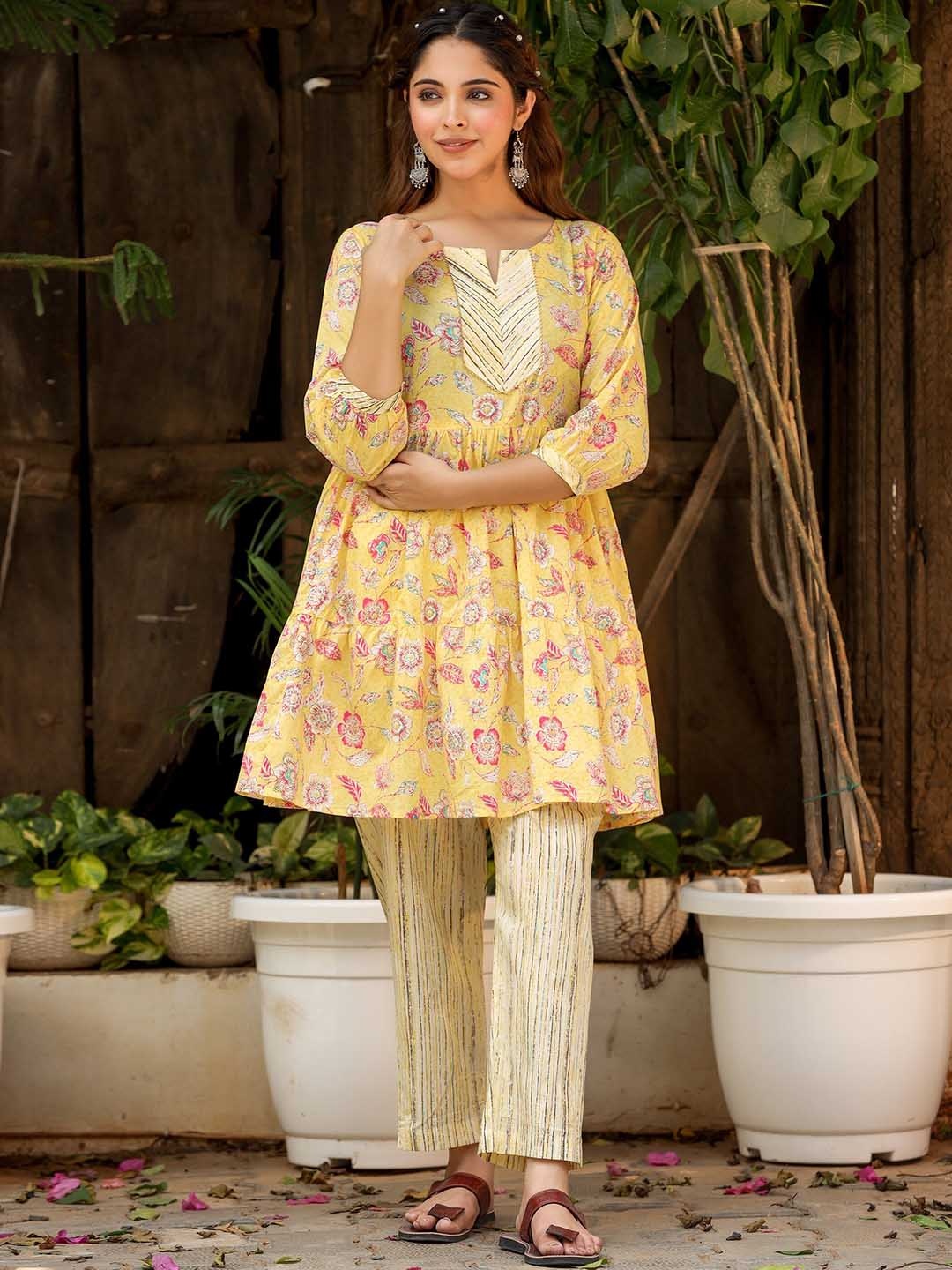 

LALI JAIPUR Printed Cotton Top & Flared Trouser Ethnic Co-Ords, Yellow