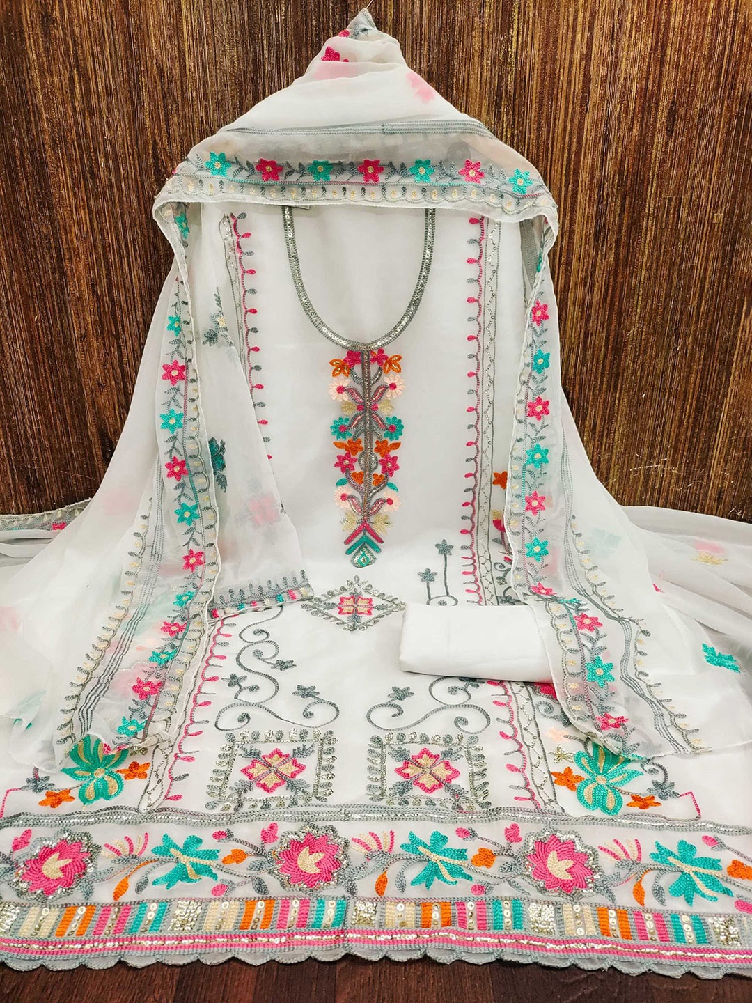 

Panzora Embroidered Unstitched Dress Material, White
