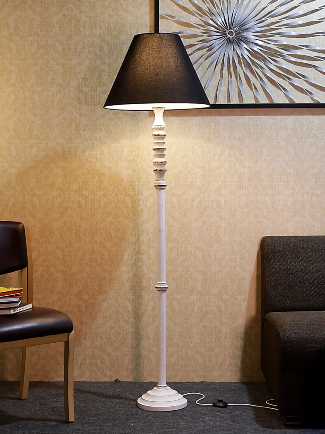 

Craftter White & Black Textured Frustum Shape Floor Lamp With Wooden Base