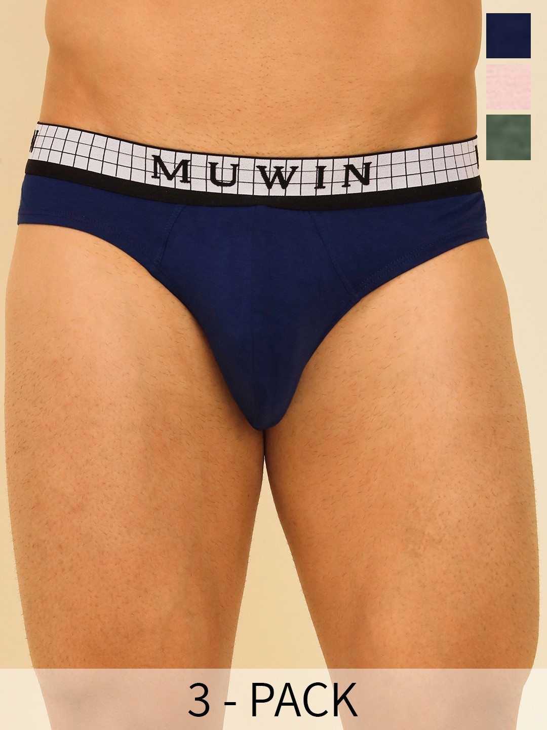 

MUWIN Pack Of 3 Mid-Rise Cotton Modal Basic Briefs MRV-MU-BRIF-C028, Blue