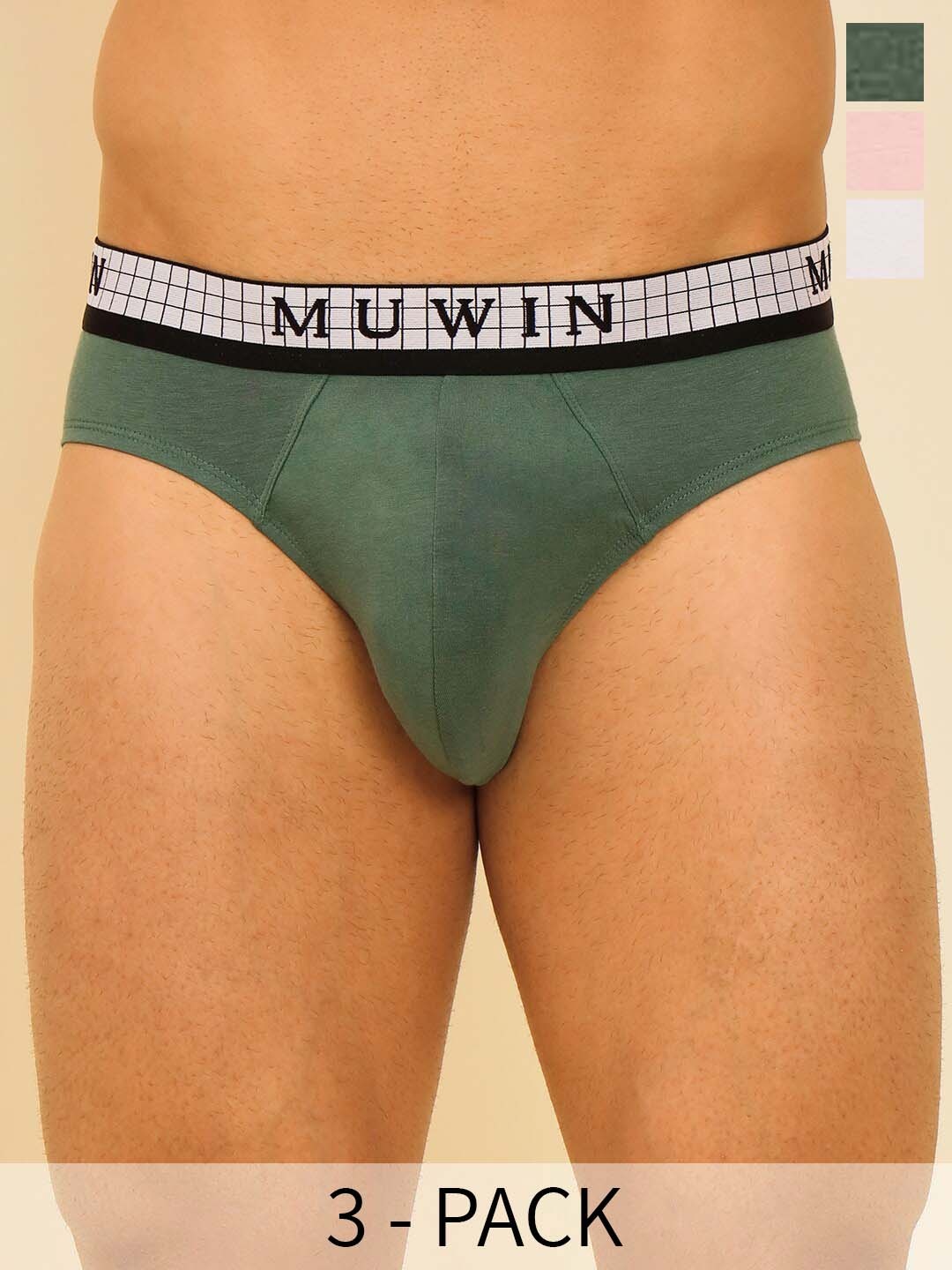 

MUWIN Pack Of 3 Brand Logo Printed Cotton Modal Basic Briefs MRV-MU-BRIF-C031, Green