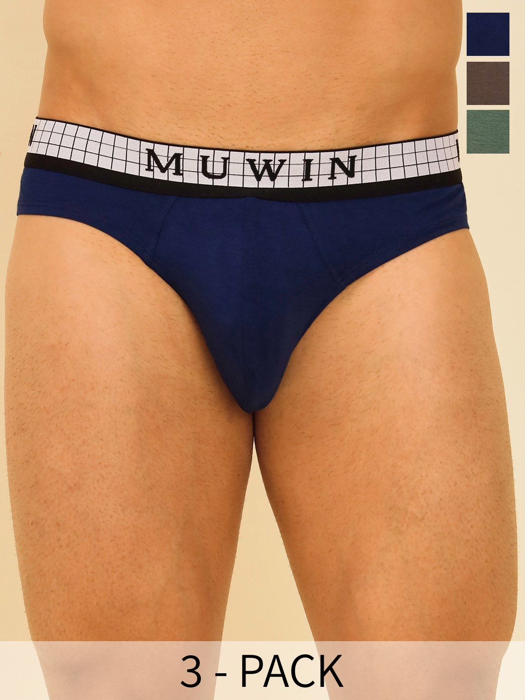 

MUWIN Pack Of 3 Mid Rise Cotton Modal Basic Briefs MRV-MU-BRIF-C026, Navy blue