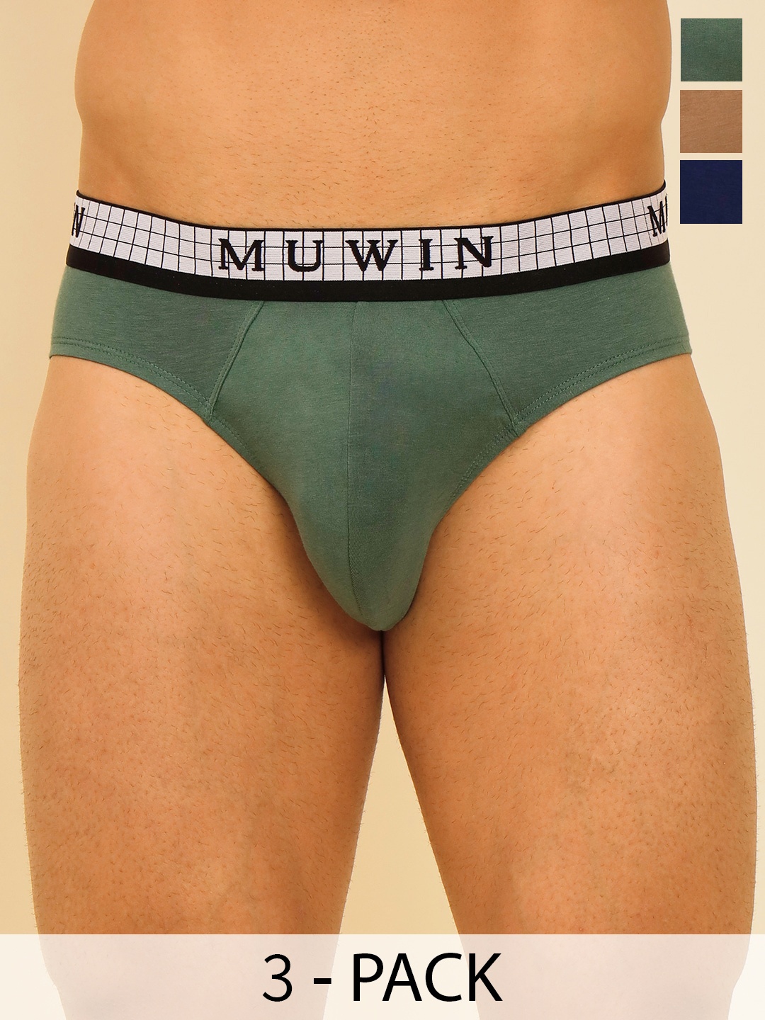 

MUWIN Pack Of 3 Mid-Rise Cotton Modal Basic Briefs MRV-MU-BRIF-C016, Blue