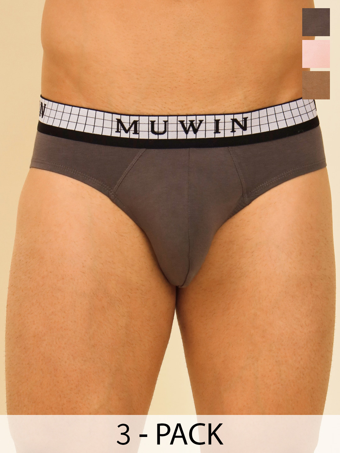 

MUWIN Pack Of 3 Brand Logo Printed Cotton Modal Basic Briefs MRV-MU-BRIF-C024, Pink