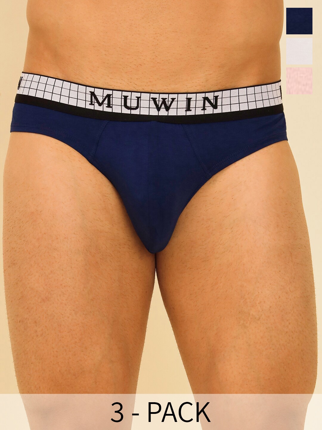 

MUWIN Pack of 3 Low-Rise Cotton Basic Briefs MRV-MU-BRIF-C034, Blue