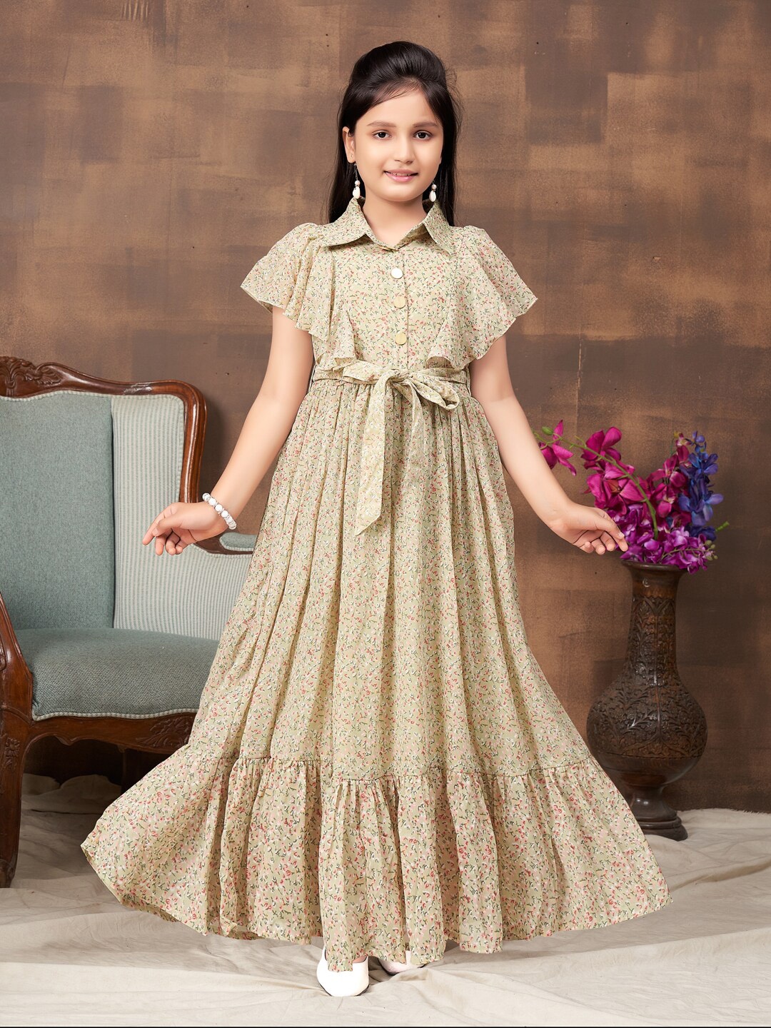 

Aarika Girls Floral Print Flutter Sleeve Georgette Shirt Dress With Belt, Green