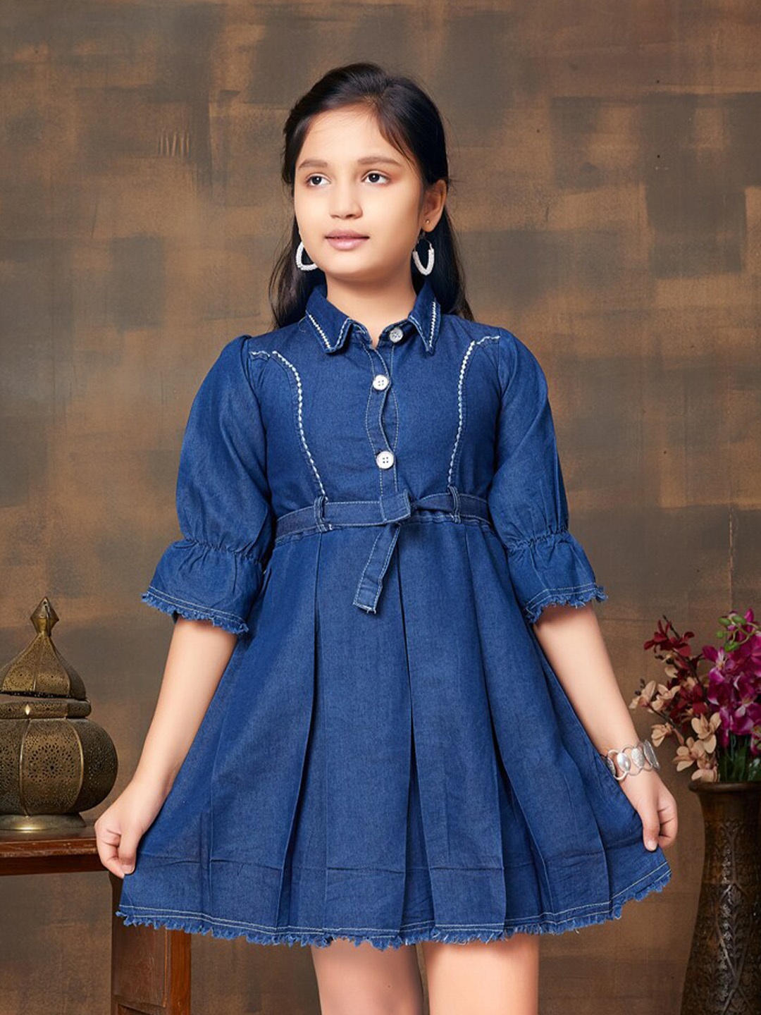 

Aarika Girls Puff Sleeves Cotton Denim A-Line Dress with Belt, Navy blue