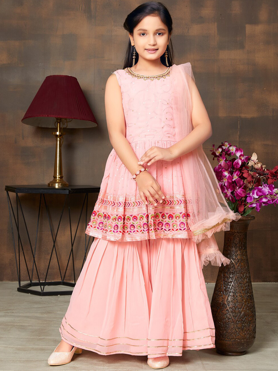 

Aarika Girls Embroidered Regular Kurti With Sharara & Dupatta, Peach
