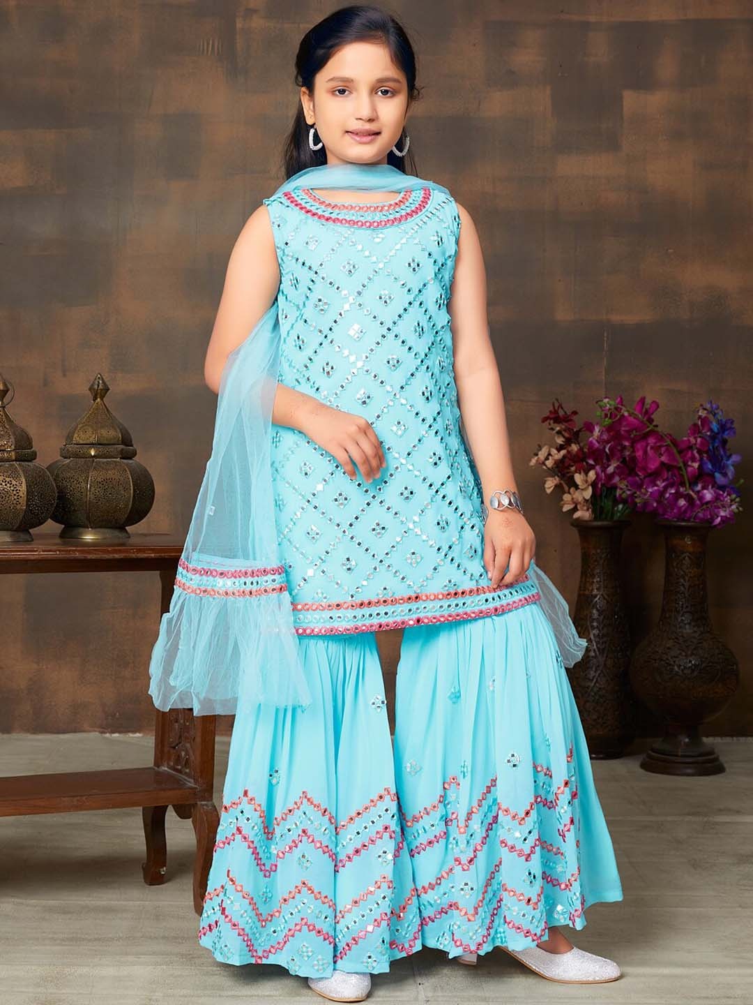 

Aarika Girls Embroidered Regular Mirror Work Kurta with Sharara & With Dupatta, Turquoise blue