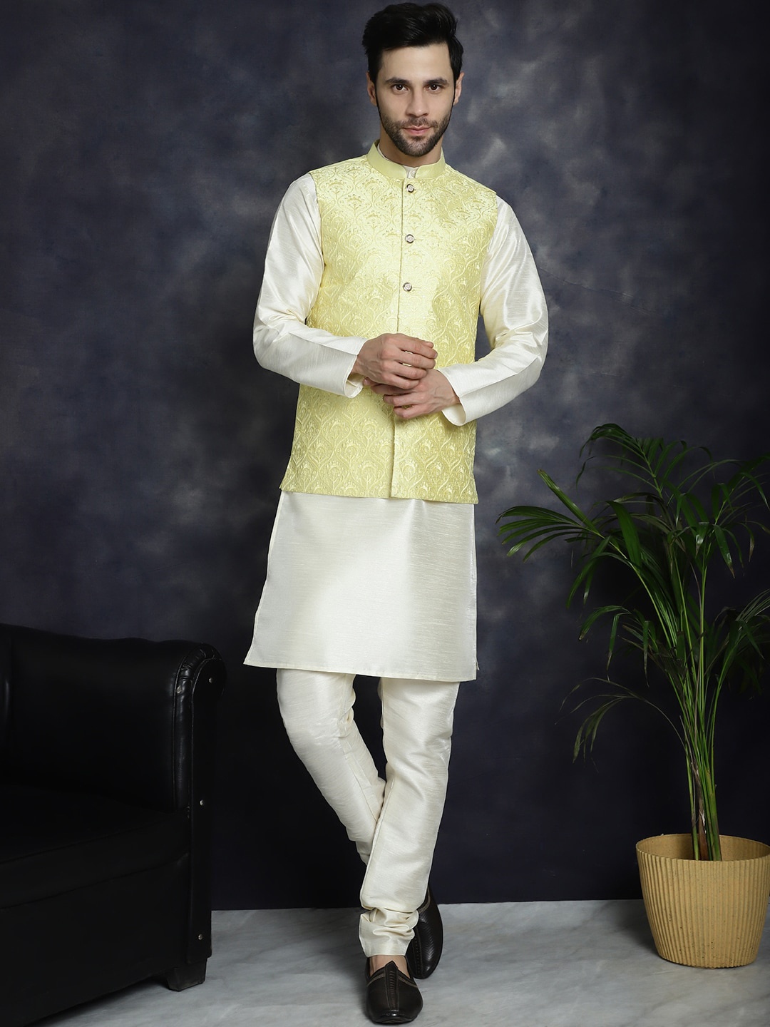 

Jompers Mandarin Collar Regular Kurta With Churidar & Embroidered Nehru Jacket, White