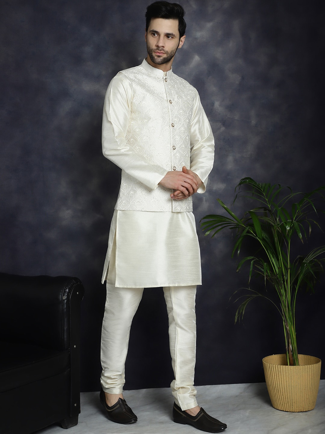 

Jompers Mandarin Collar Regular Kurta With Churidar & Embroidered Nehru Jacket, White