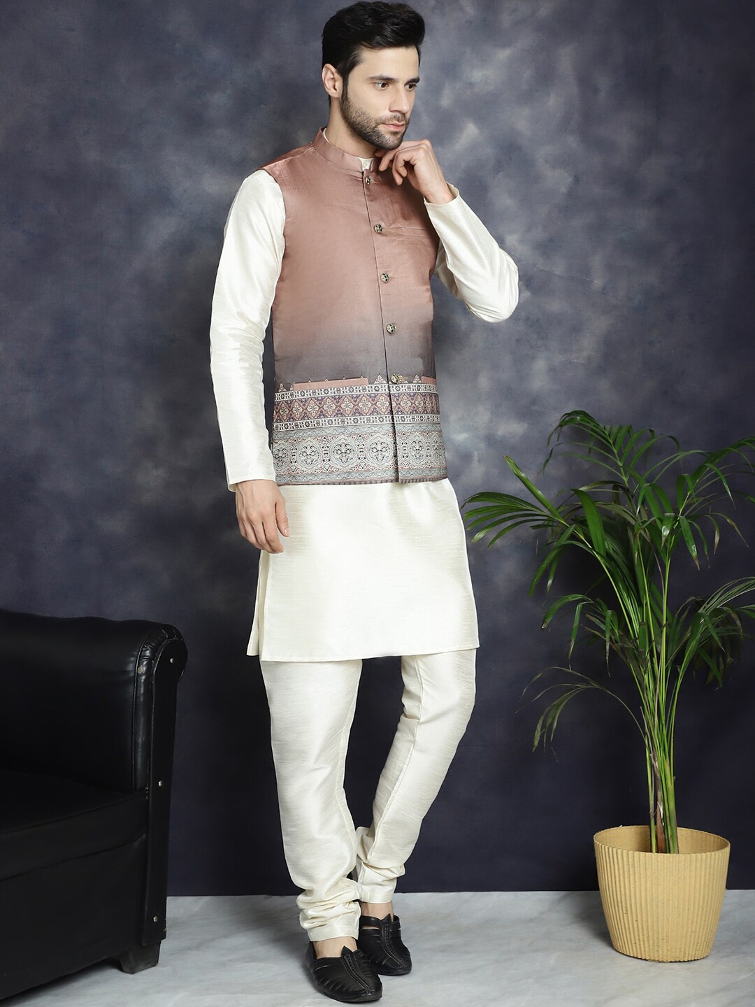 

Jompers Mandarin Collar Regular Kurta With Churidar & Printed Nehru Jacket, Cream