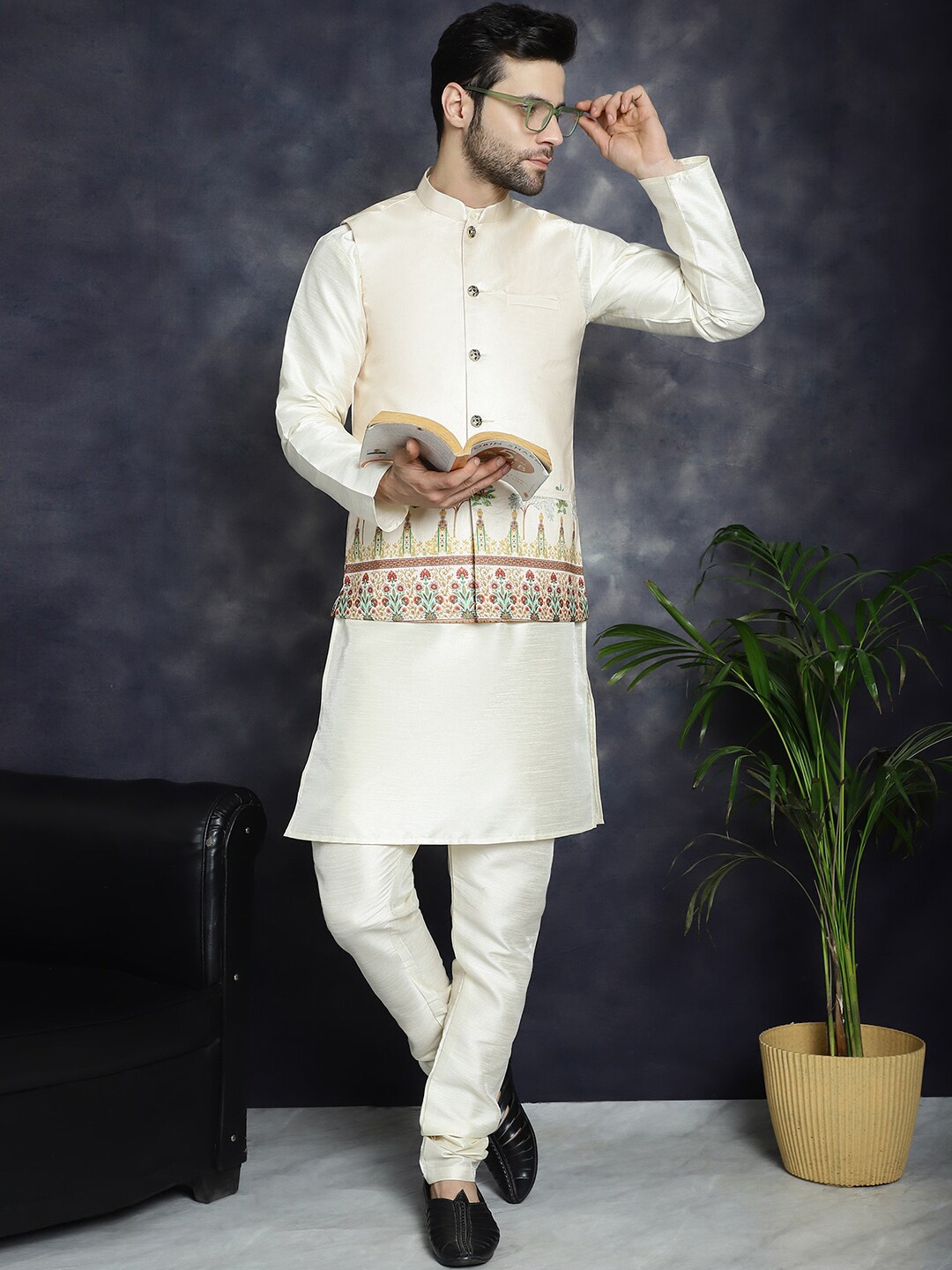 

Jompers Mandarin Collar Regular Kurta With Churidar & Printed Nehru Jacket, Cream