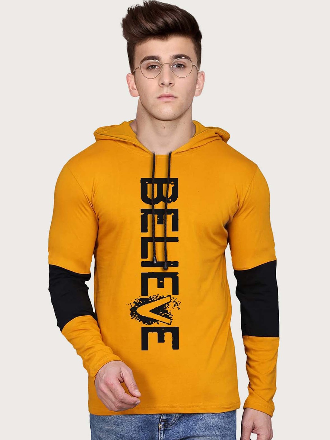 

BAESD Boys Typography Printed Hooded Cotton T-shirt, Mustard