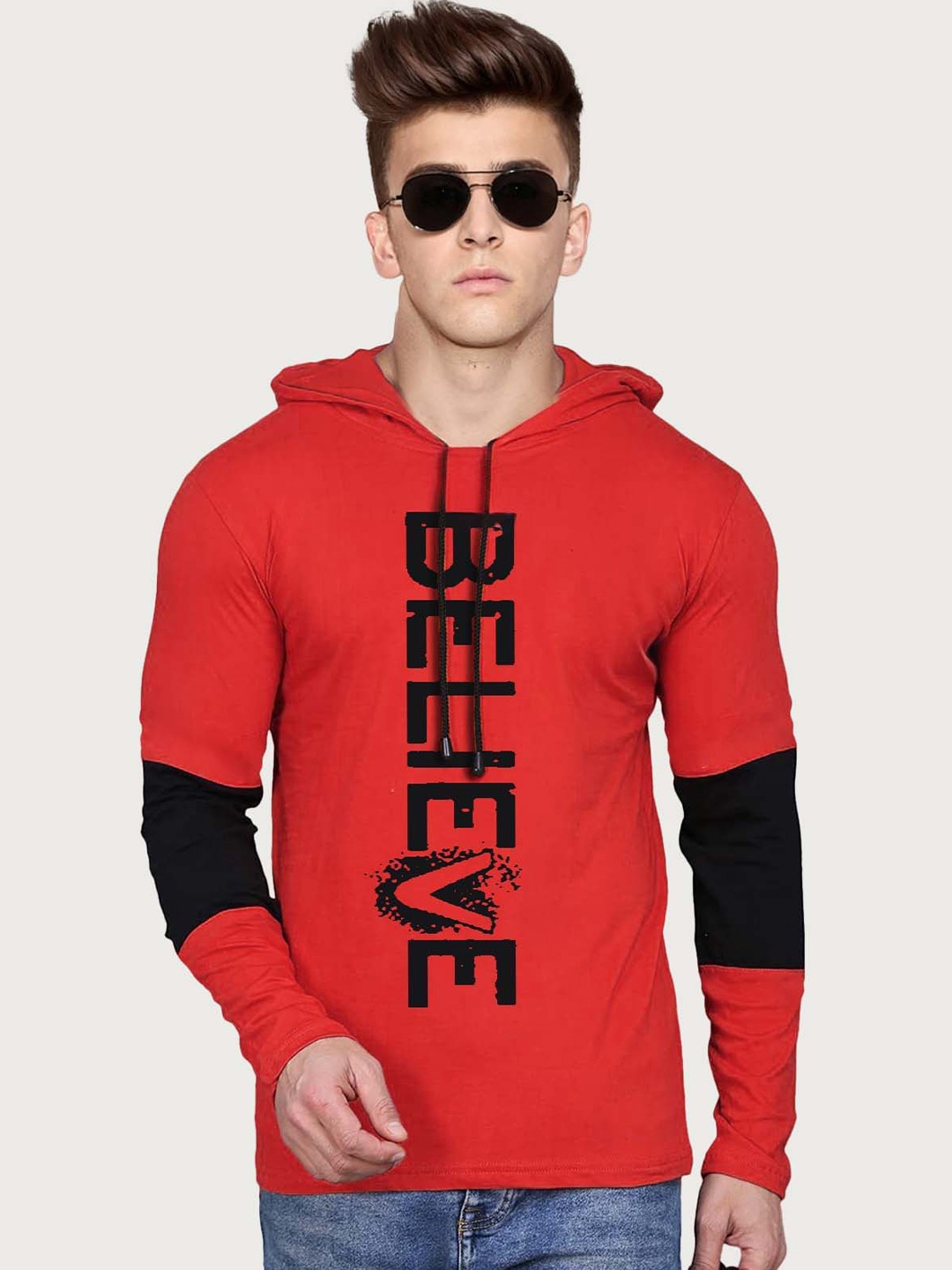 BAESD Boys Typography Printed Hooded Cotton T-shirt, Red