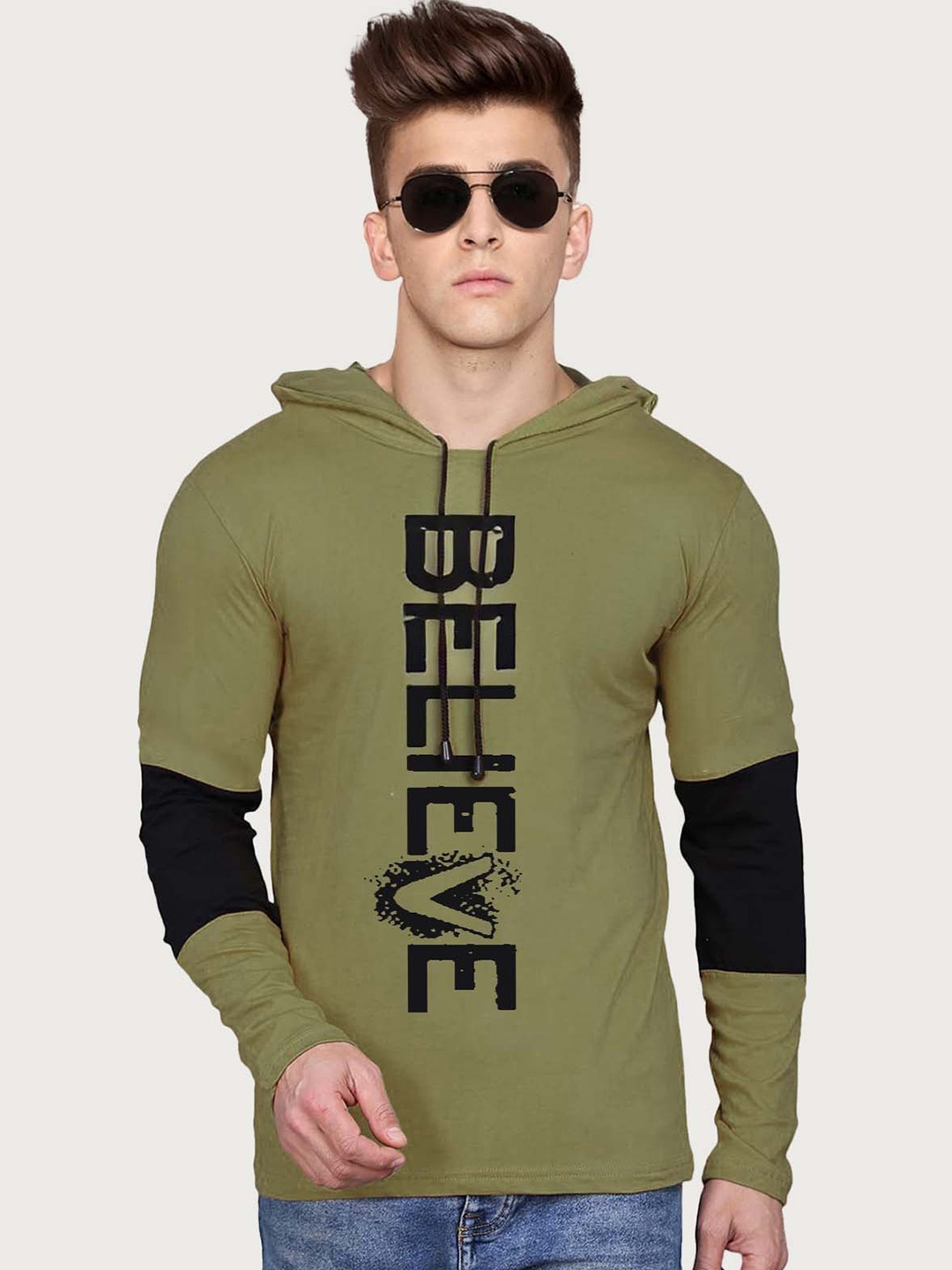 

BAESD Boys Typography Printed Hooded Cotton T-shirt, Olive