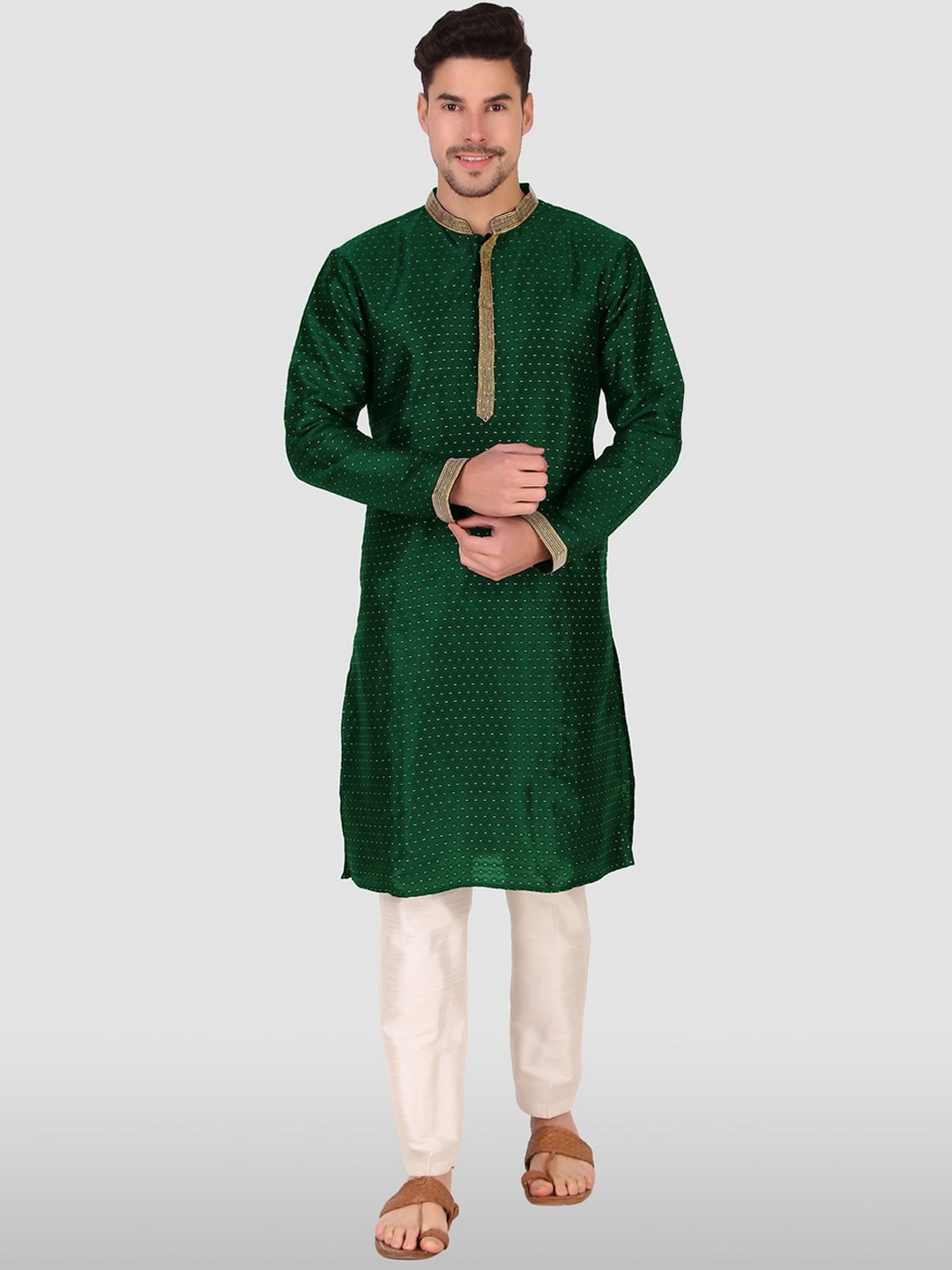 

Koshin Woven Design Jacquard Straight Silk Kurta, Green
