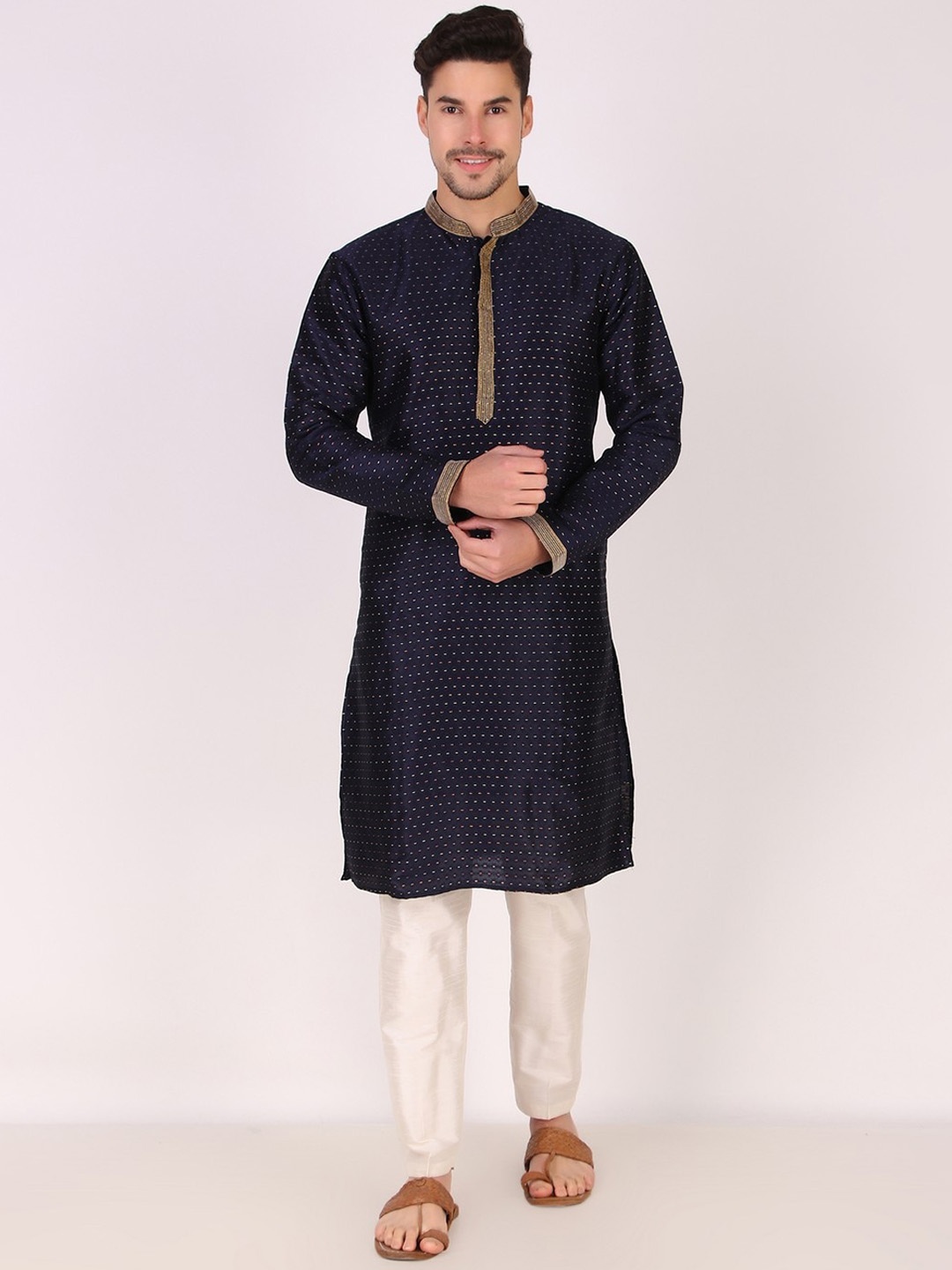 

Koshin Woven Design Jacquard Straight Silk Kurta, Navy blue