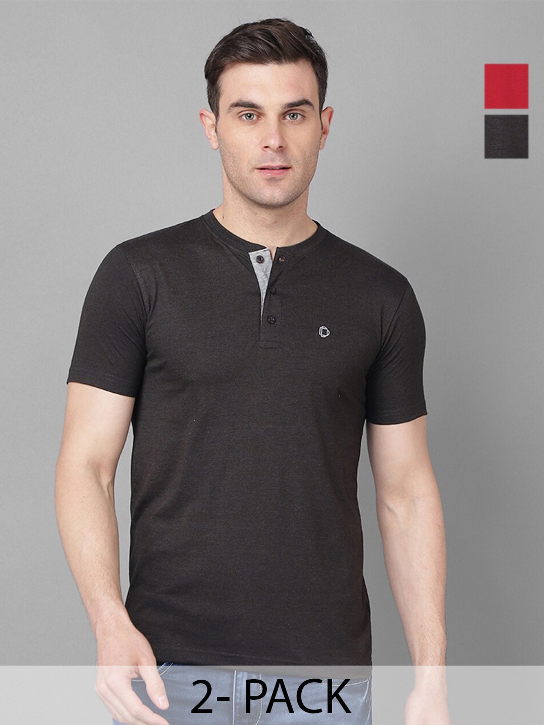 

Dollar Pack Of 2 Henley Neck Cotton T-shirt, Assorted