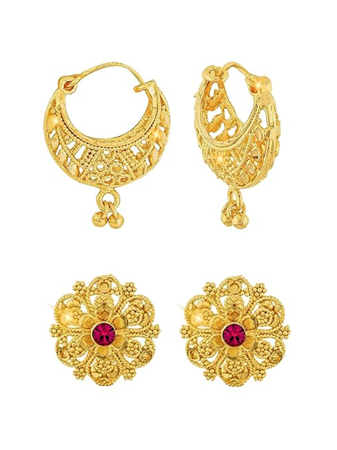 

Vighnaharta Set Of 2 Gold-Plated Cubic Zirconia Contemporary Studs & Hoop Earrings