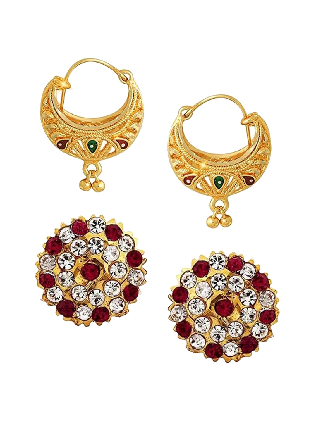 

Vighnaharta Set Of 2 Gold-Plated Cubic Zirconia Contemporary Stud & Hoop Earrings