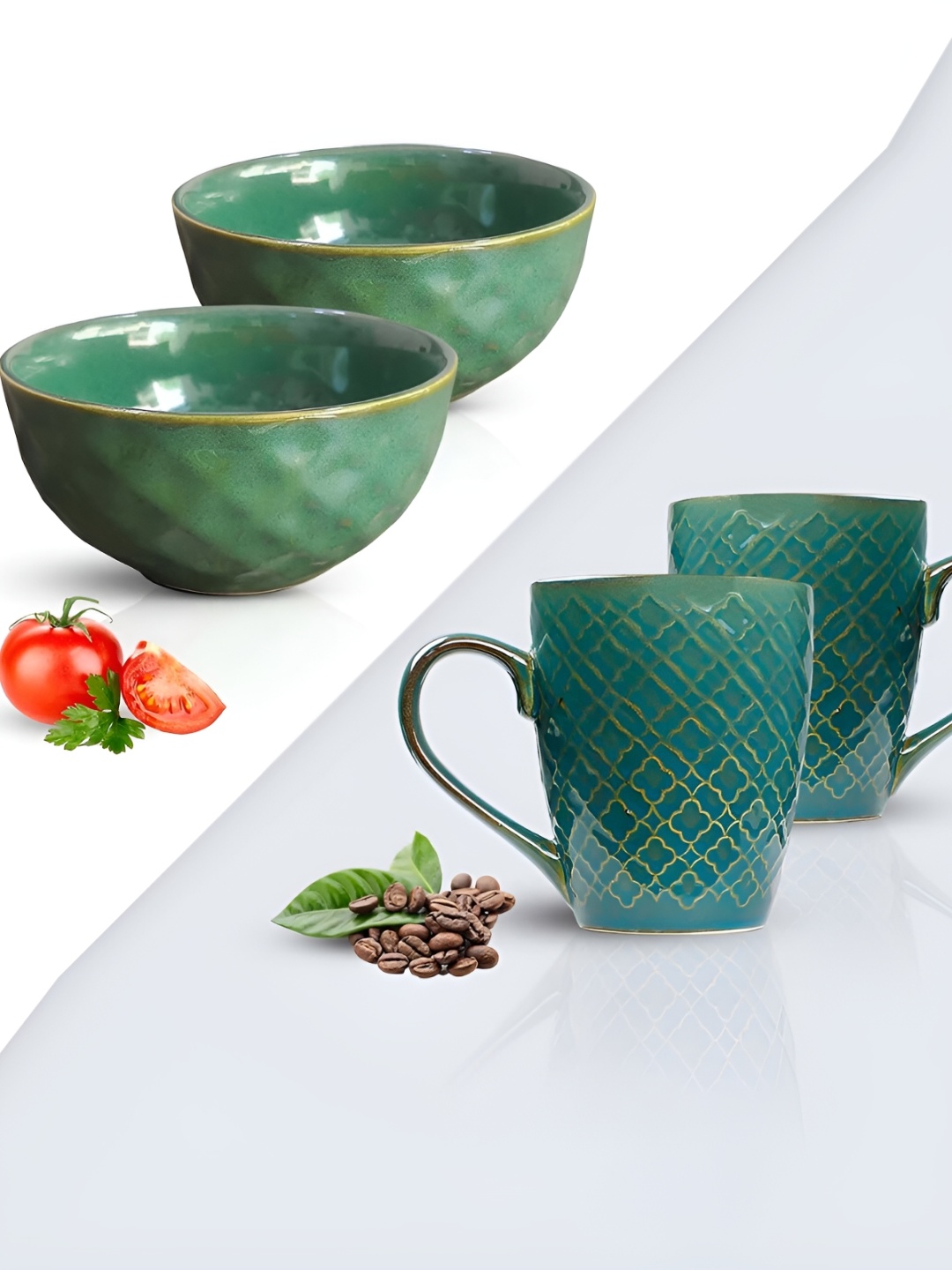 

The Earth Store Green & Gold-Toned 4 Pieces Textured Ceramic Glossy Mugs & Bowls