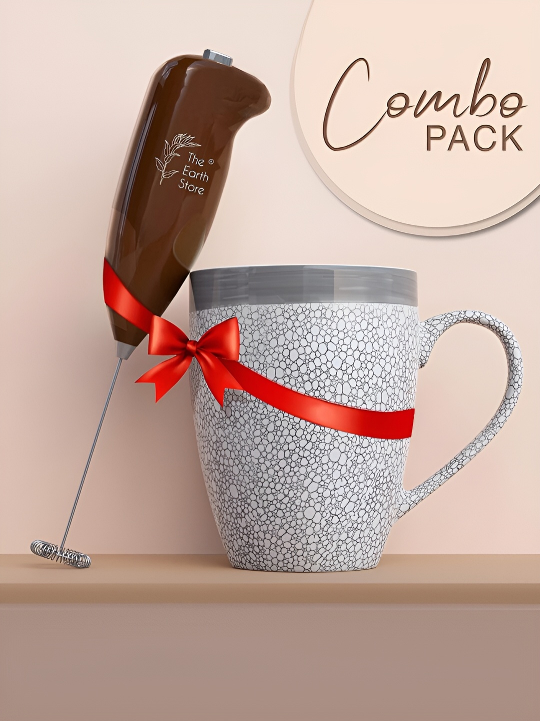 

The Earth Store Grey Printed Ceramic Matte Mugs Set of Mug with Frother 370 ml