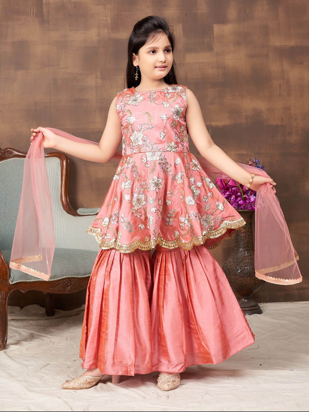 

BAESD Girls Ethnic Motifs Embroidered Sequinned Pure Silk Kurta Set With Dupatta, Peach