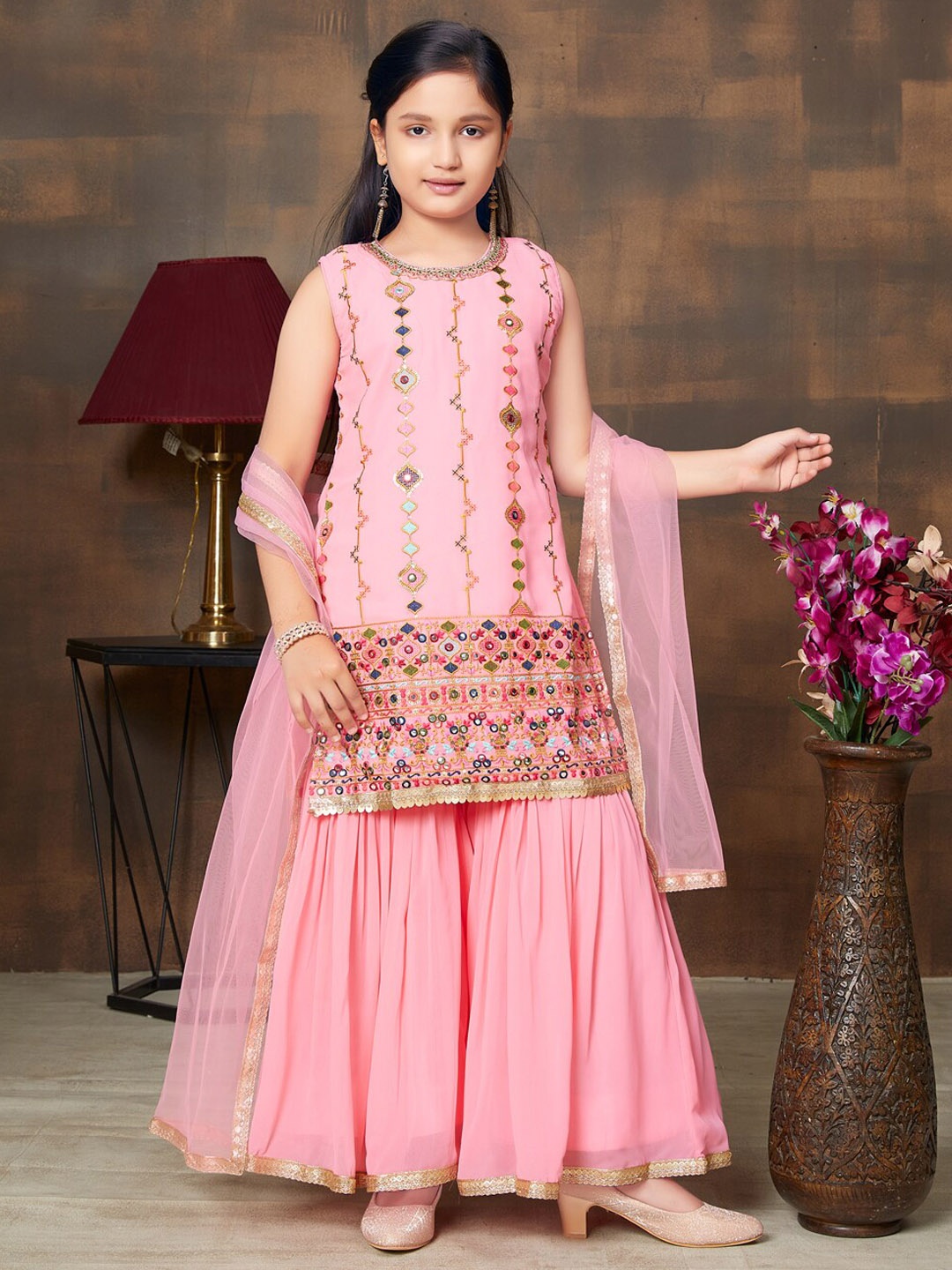 

BAESD Girls Ethnic Motifs Embroidered Straght Kurta & Sharara With Dupatta, Pink