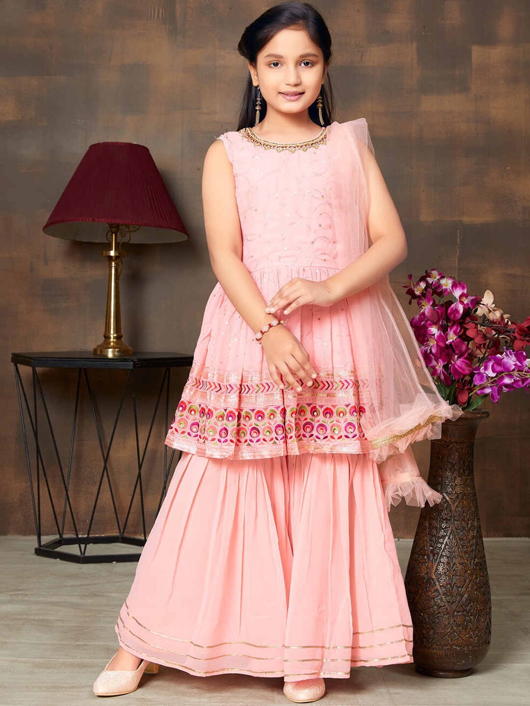 

BAESD Girls Ethnic Motifs Embroidered Sequinned A-Line Kurti & Sharar With Dupatta, Peach